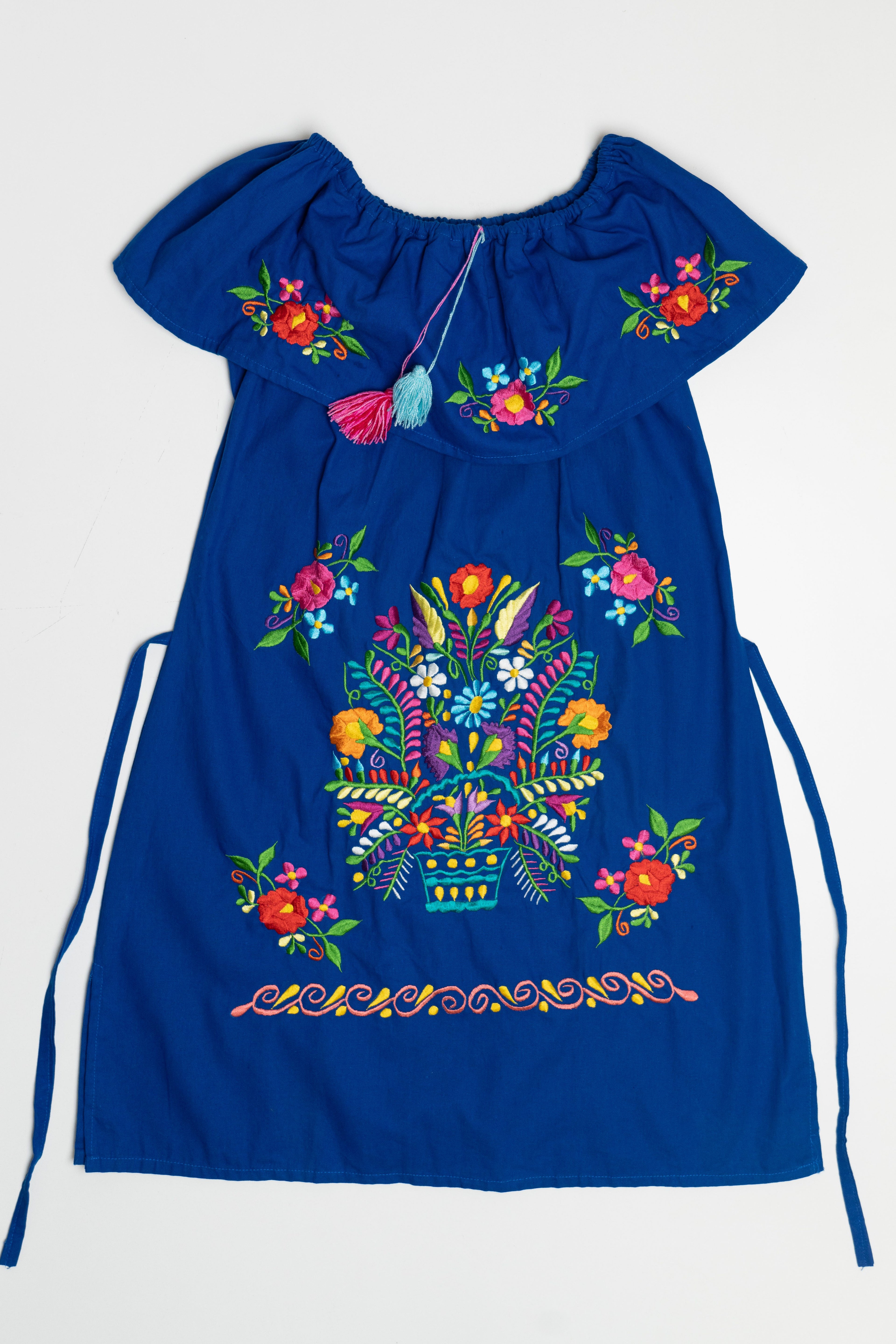 Vintage Blue Hand Embroidered Off The Shoulder Huipil Dress (1990s)