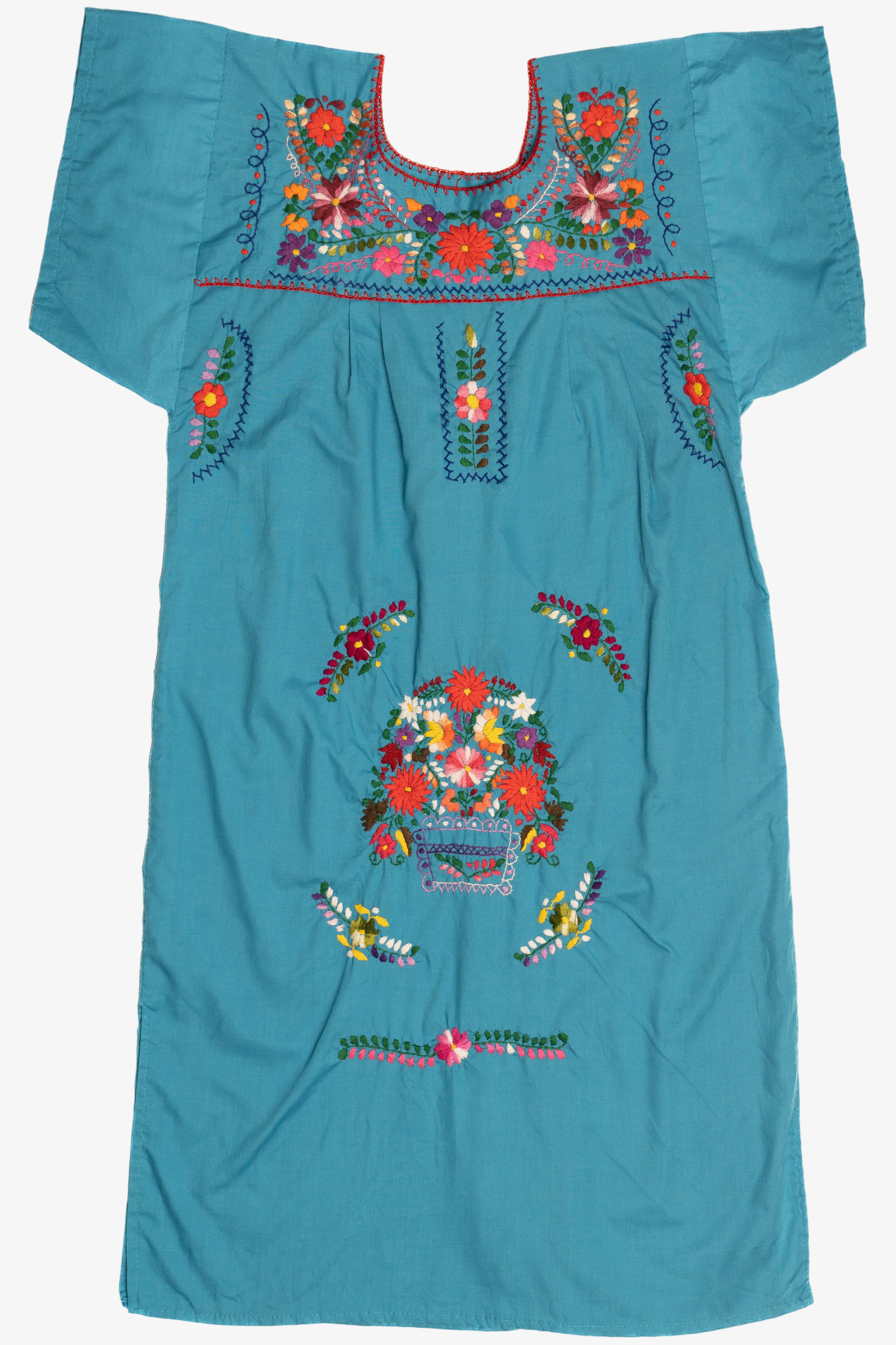 Vintage Turquoise Hand Embroidered Huipil Dress (1990s)