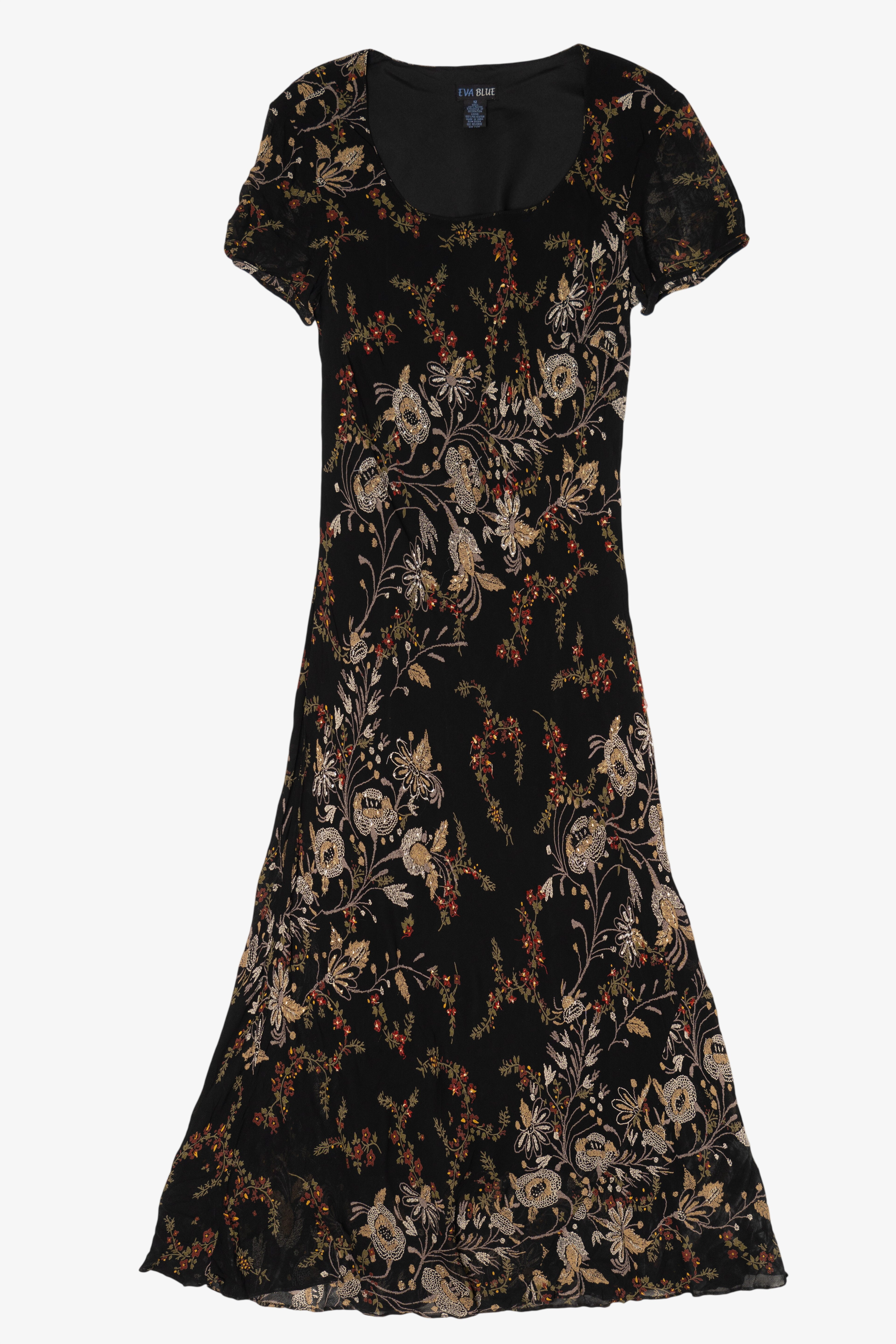 Vintage Black Floral Eva Blue Maxi Dress (1990s)