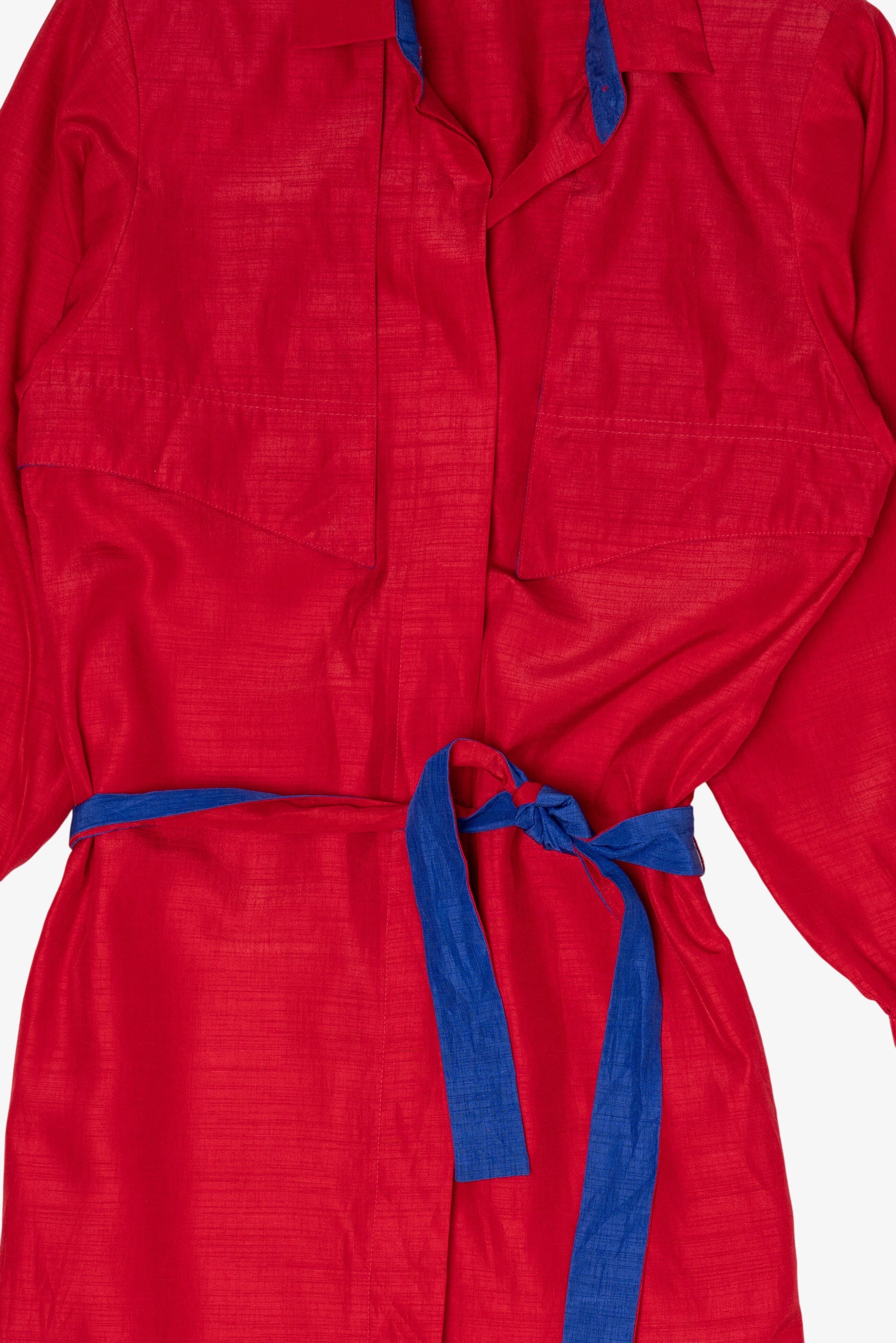 Vintage Red Schrader Contrast Blue Belt Shirt Dress (1980s)