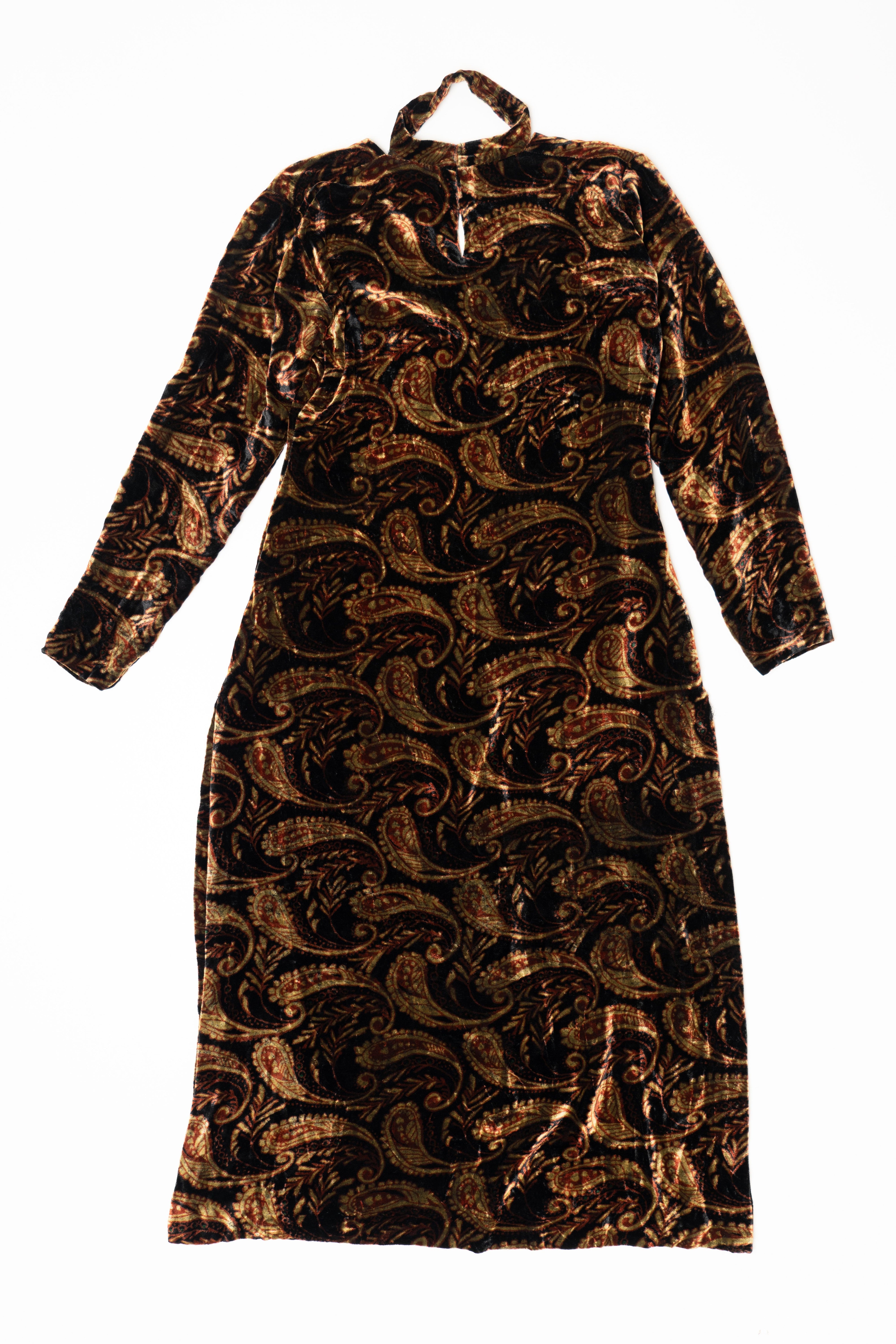 Vintage Brown Paisley Crushed Velvet Maxi Dress With Choker (1990s)