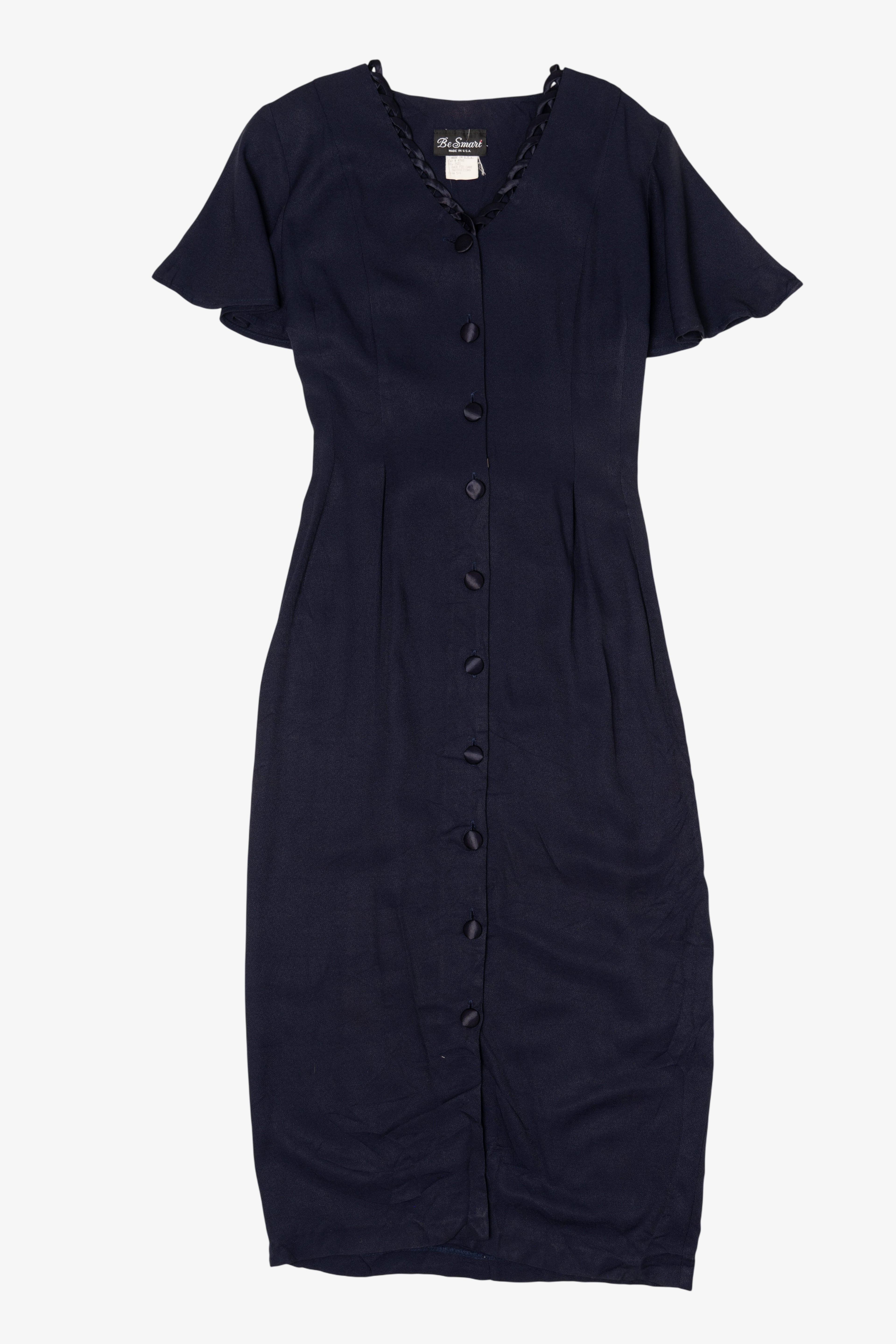 Vintage Navy Blue Be Smart Button Down Midi Dress (1980s)