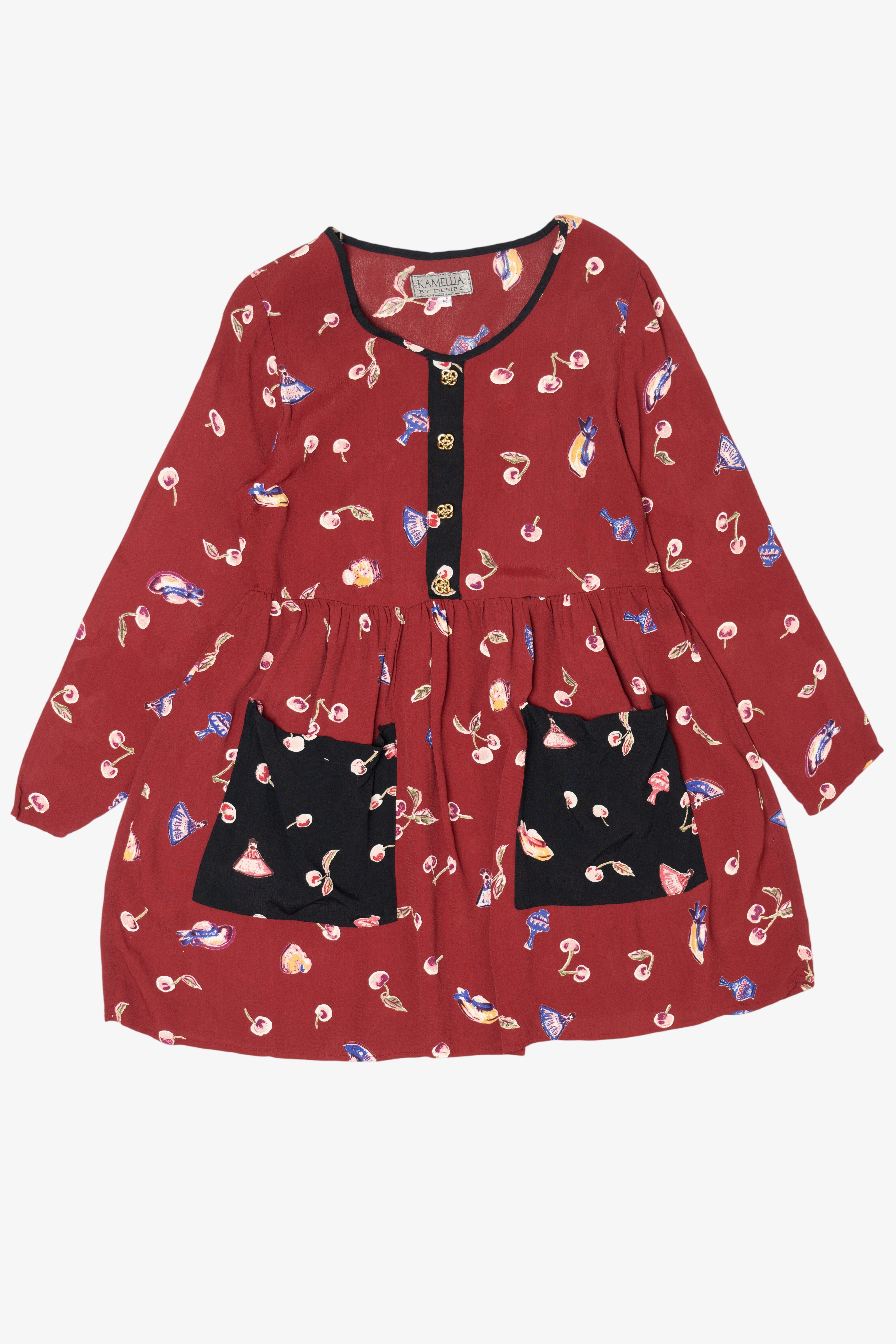 Vintage Red Kamellia Cherries Pocket Mini Dress (1990s)