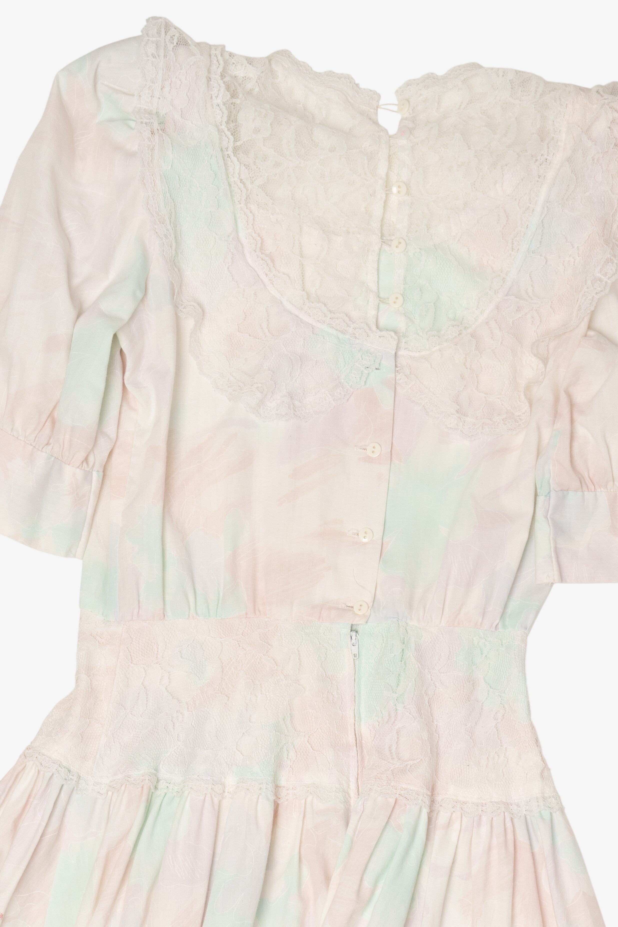 Vintage Lace Puffy Sleeve Midi Pastel Dress (1980s)