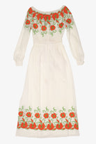 Vintage Embroidered White Pat Sandler Over The Shoulder Maxi Dress (1980s)