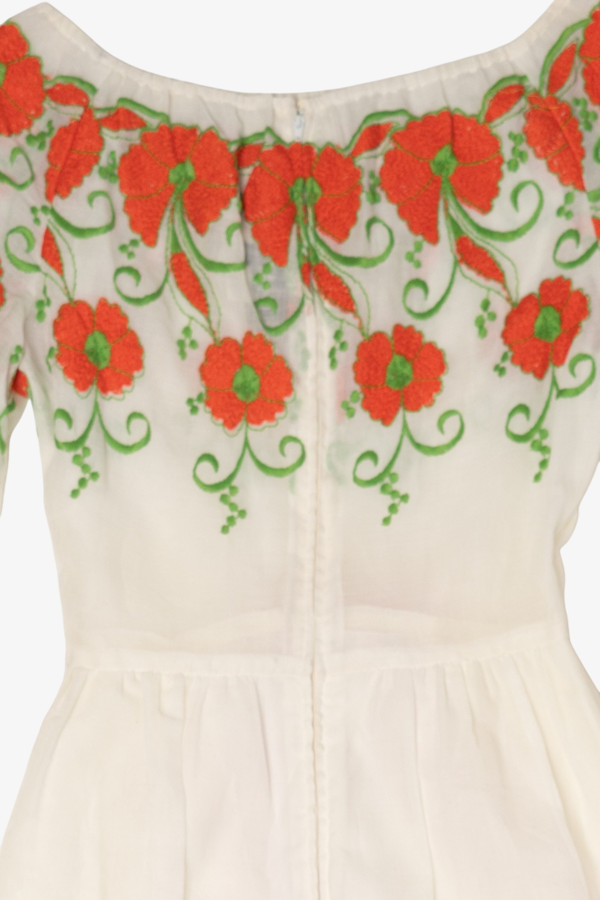 Vintage Embroidered White Pat Sandler Over The Shoulder Maxi Dress (1980s)