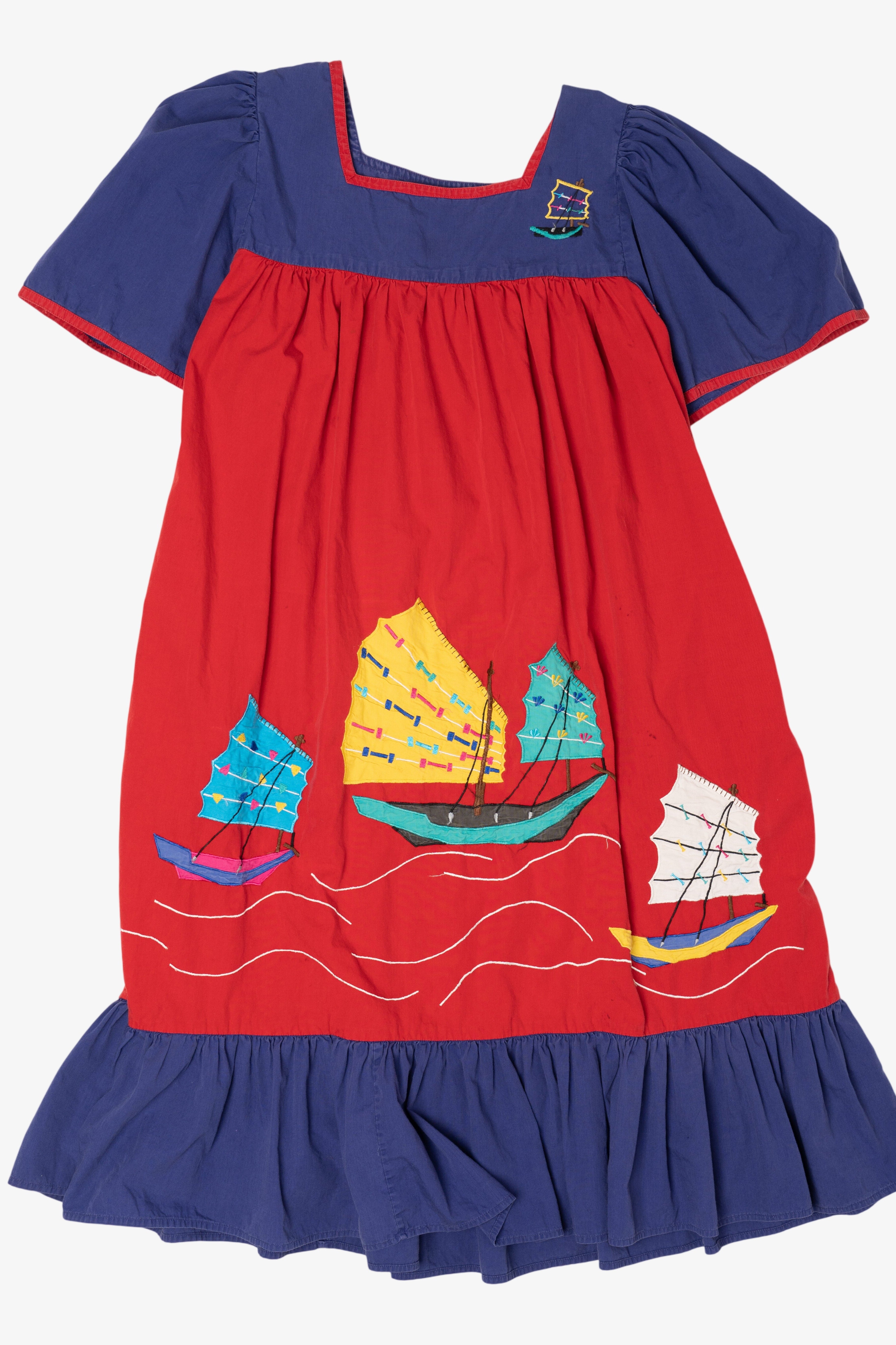 Vintage Red And Navy Blue Muumu Style Sailboats Silvercord Dress (1990s)