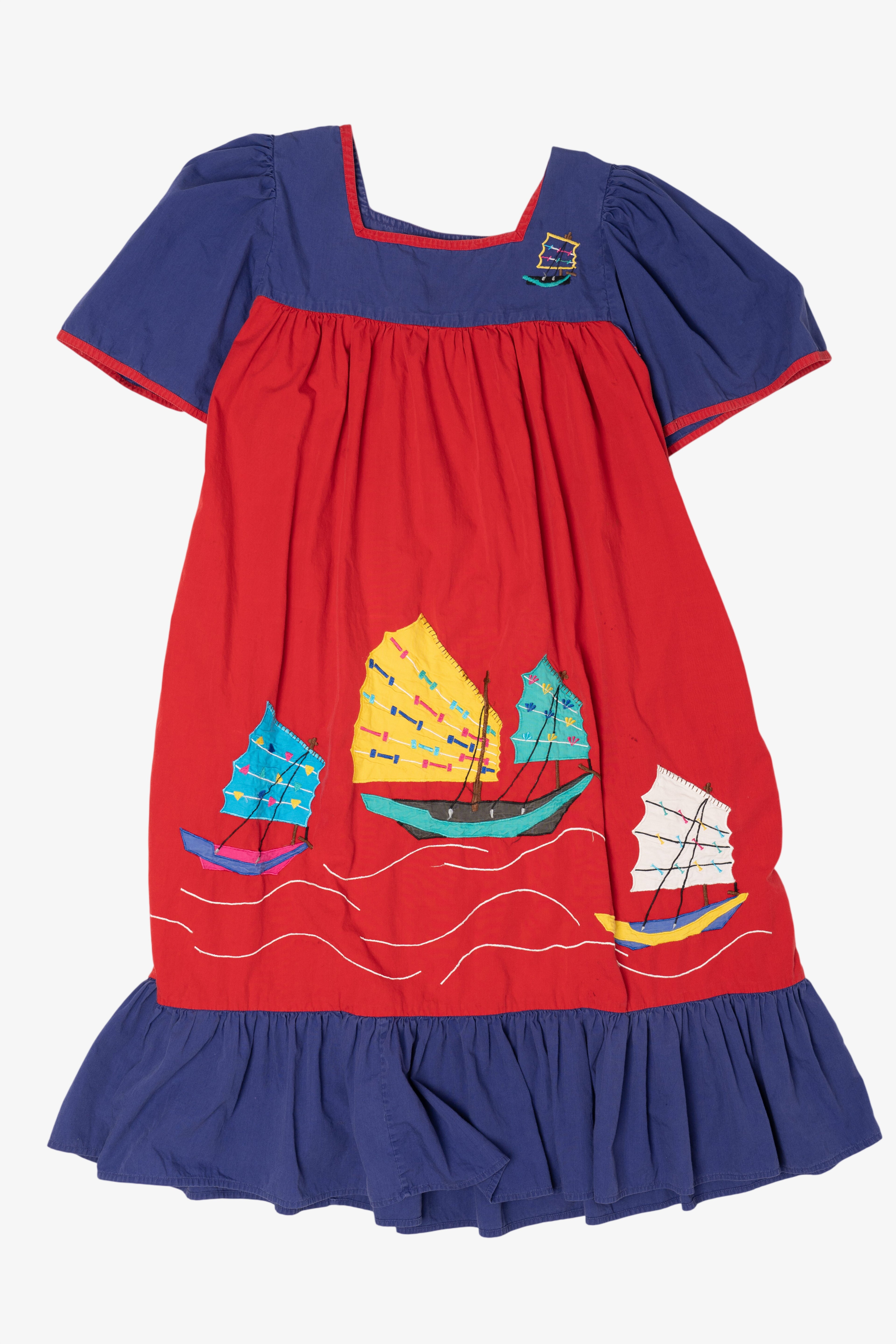 Vintage Red And Navy Blue Muumu Style Sailboats Silvercord Dress (1990s)