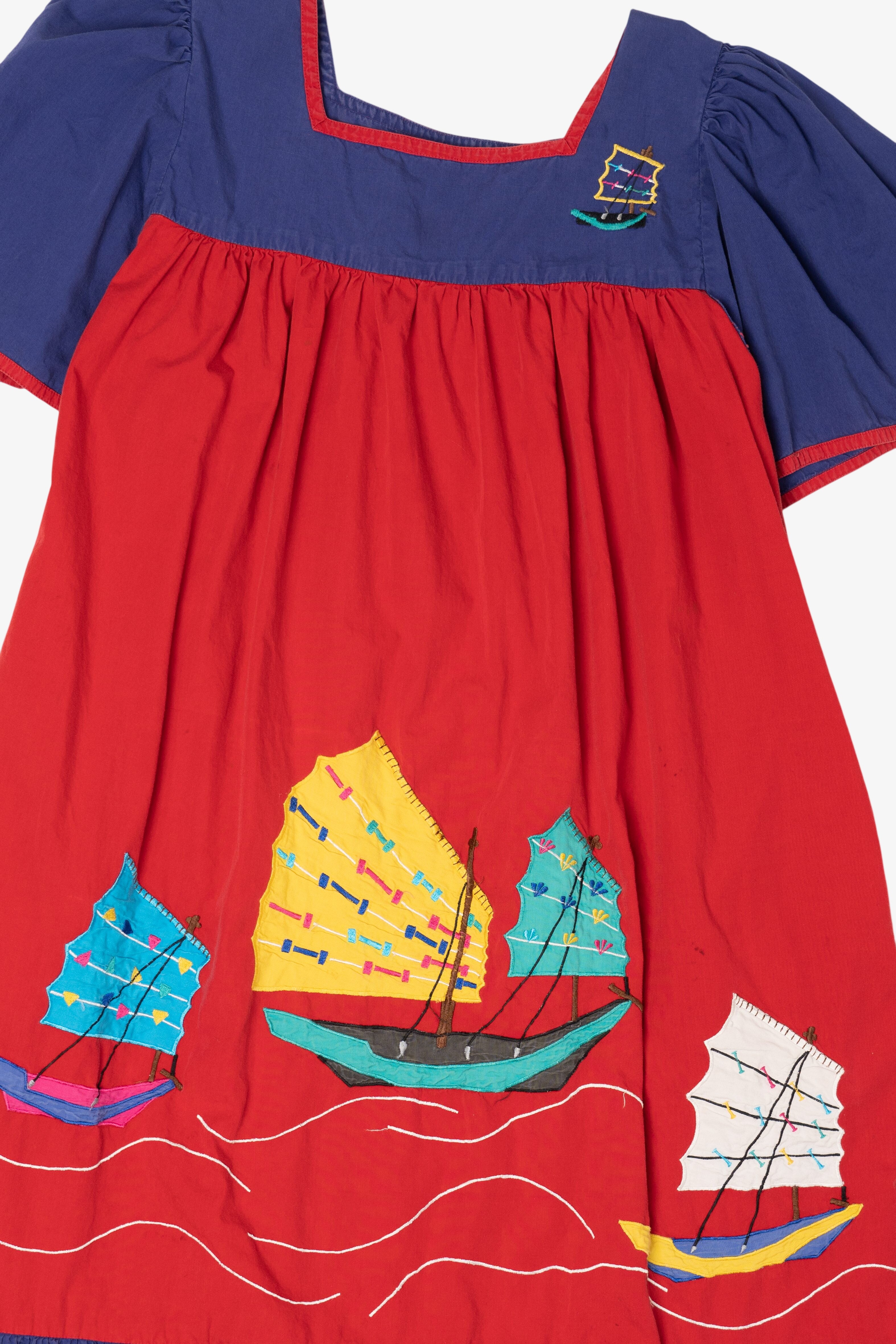 Vintage Red And Navy Blue Muumu Style Sailboats Silvercord Dress (1990s)