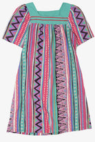 Vintage Pink And Turquoise Geometric Pattern Models Coat Collectibles Square Neck Dress (1990s)