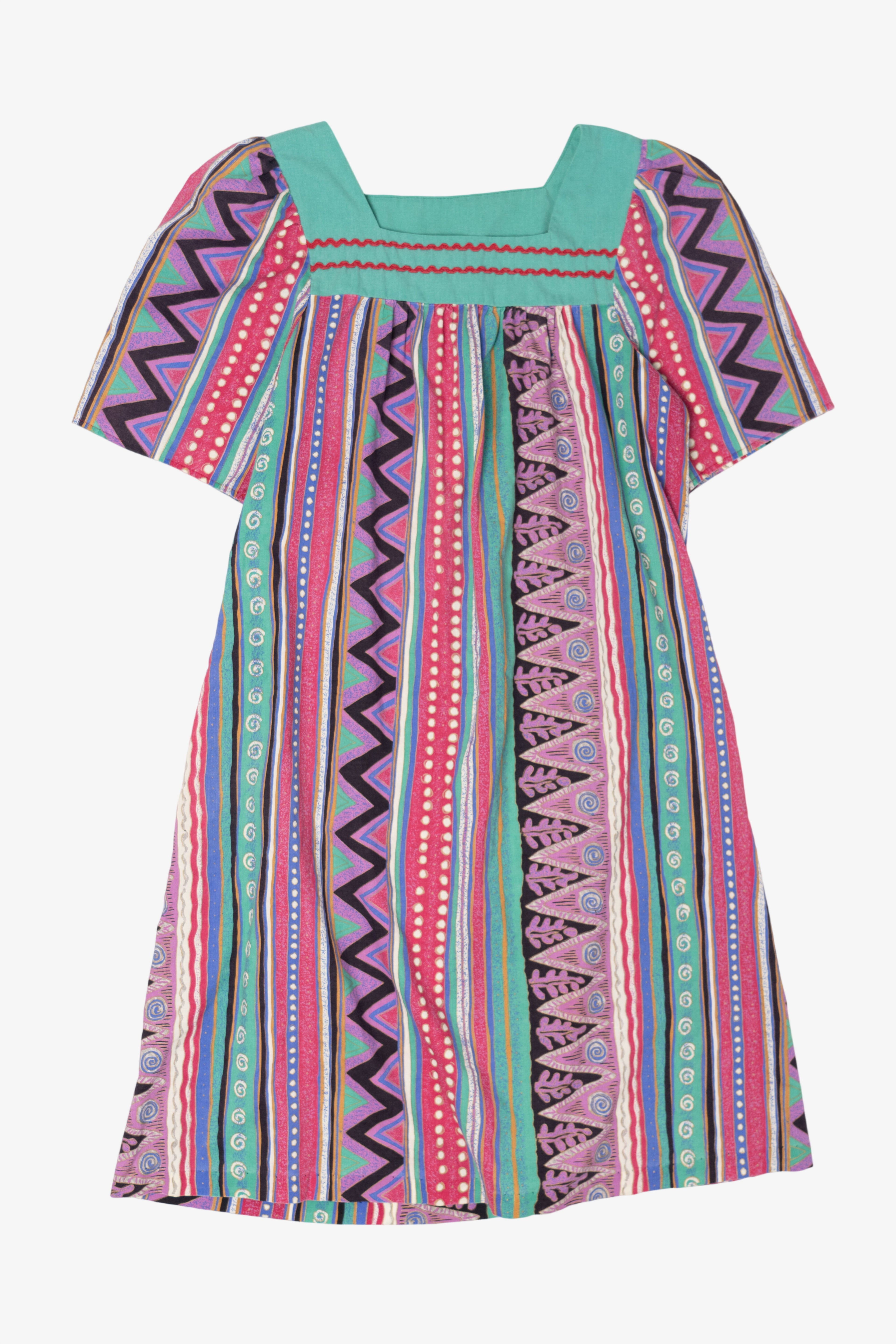 Vintage Pink And Turquoise Geometric Pattern Models Coat Collectibles Square Neck Dress (1990s)