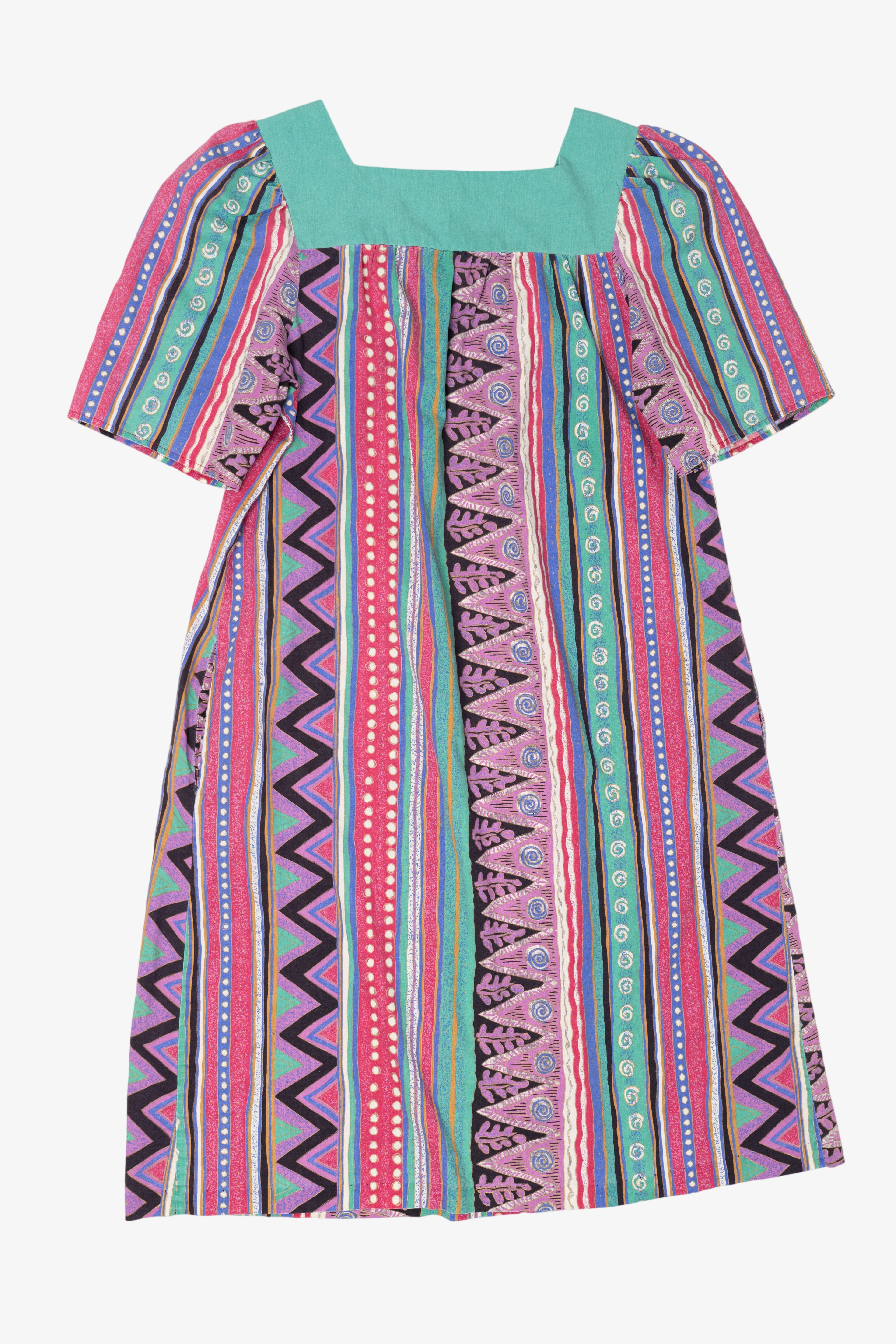 Vintage Pink And Turquoise Geometric Pattern Models Coat Collectibles Square Neck Dress (1990s)