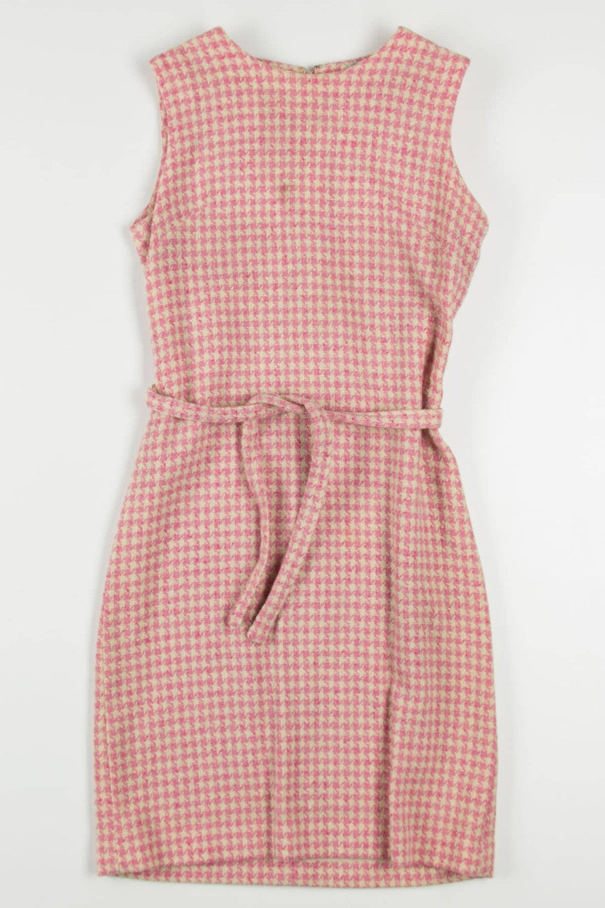 Vintage Pink Houndstooth Woven Wool Dress