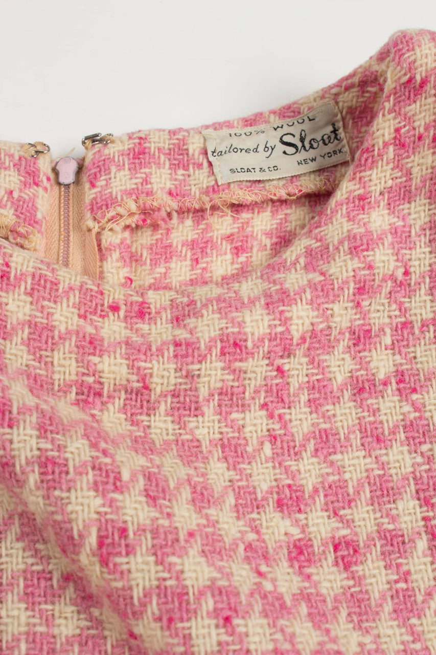 Vintage Pink Houndstooth Woven Wool Dress
