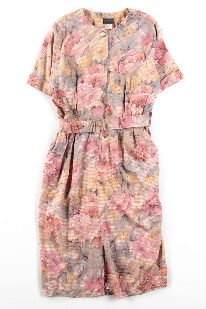 Belted Vintage Floral Check Dress