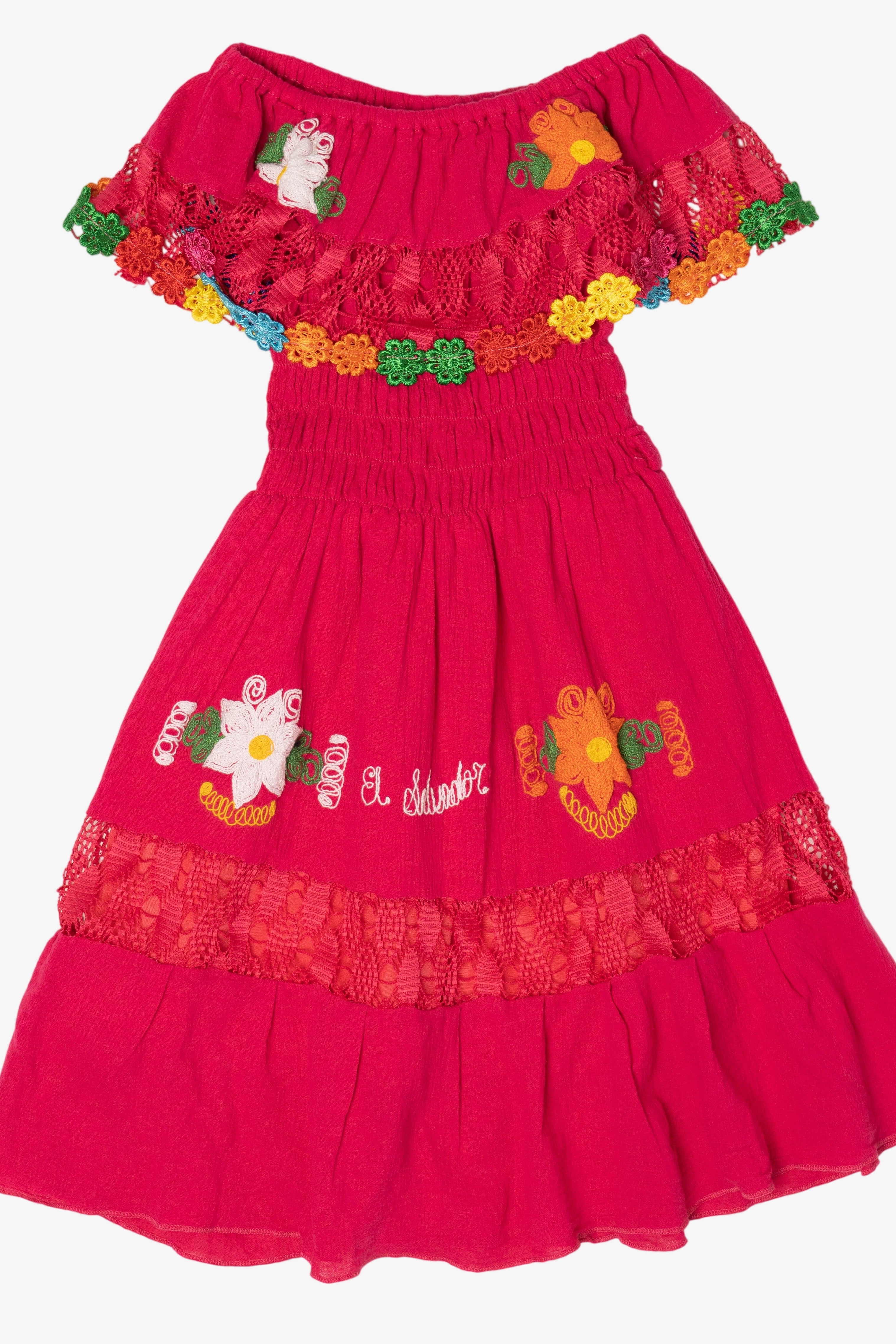 Kid Sized Magenta Embroidered Lace "El Salvador" Traditional Dress