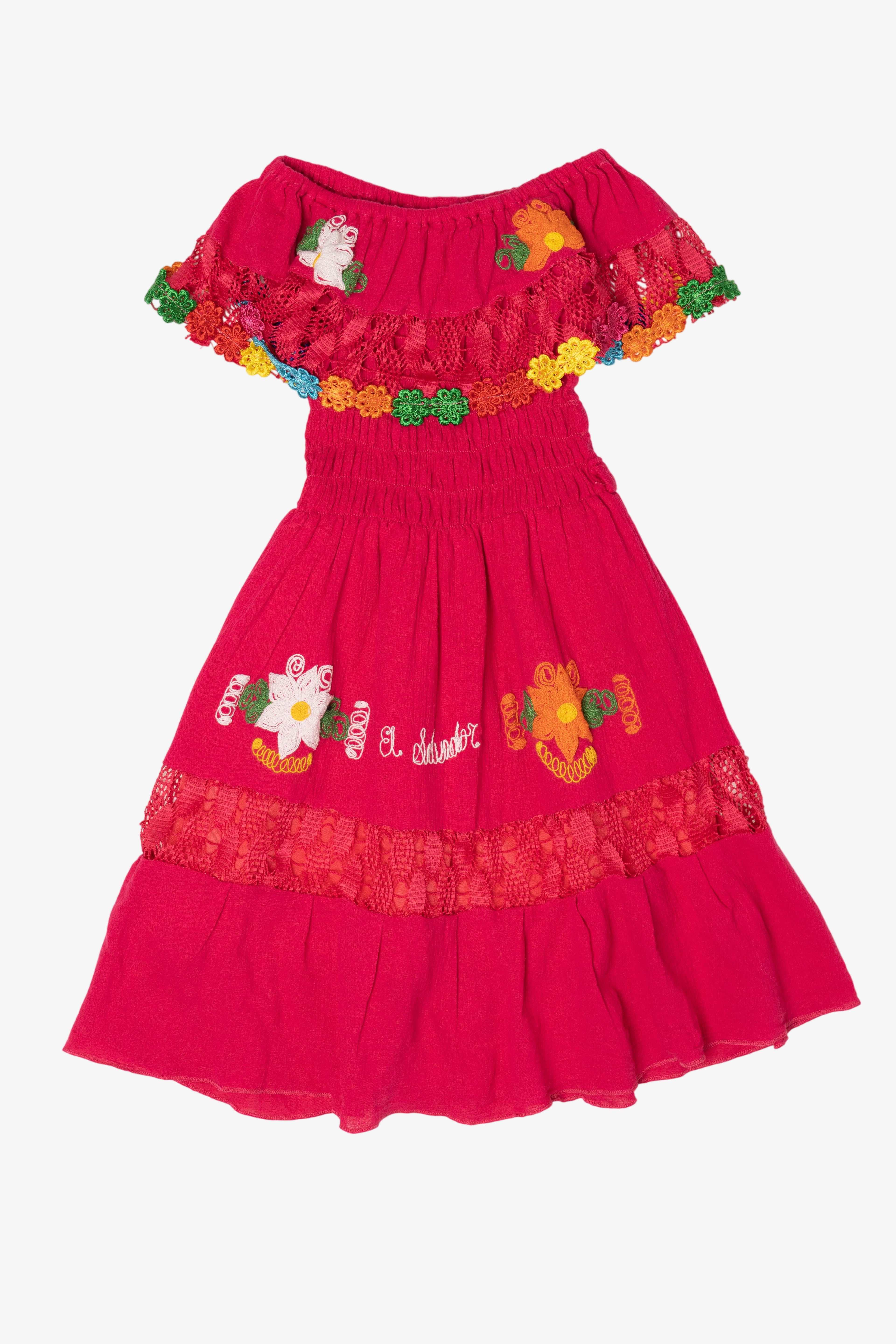 Kid Sized Magenta Embroidered Lace "El Salvador" Traditional Dress