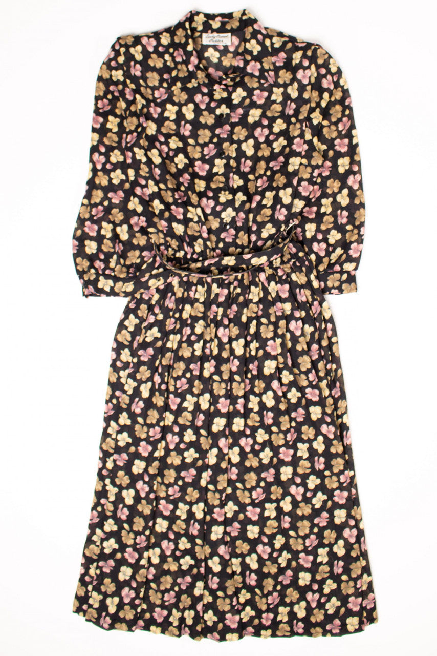 Vintage Black Floral Belted Dress (1980s)