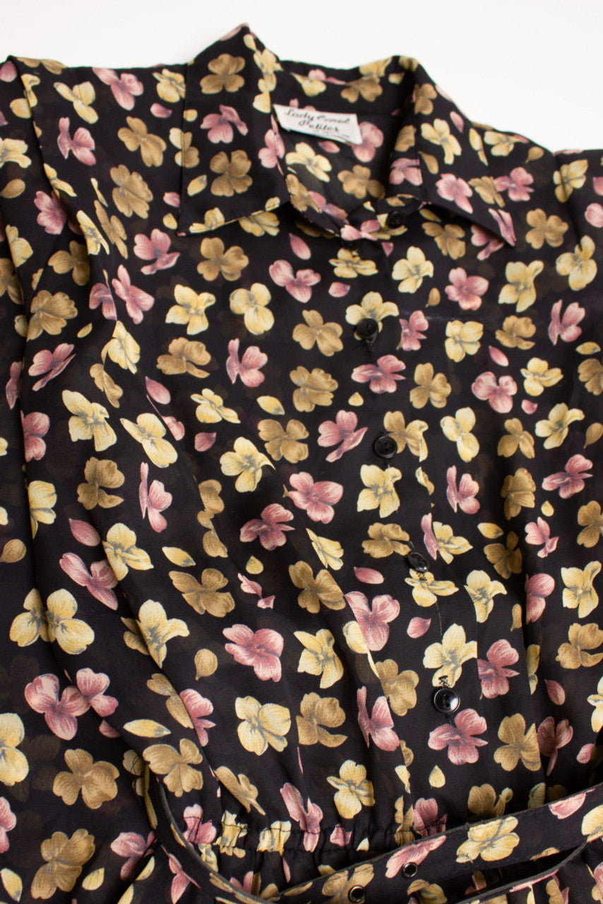 Vintage Black Floral Belted Dress (1980s)