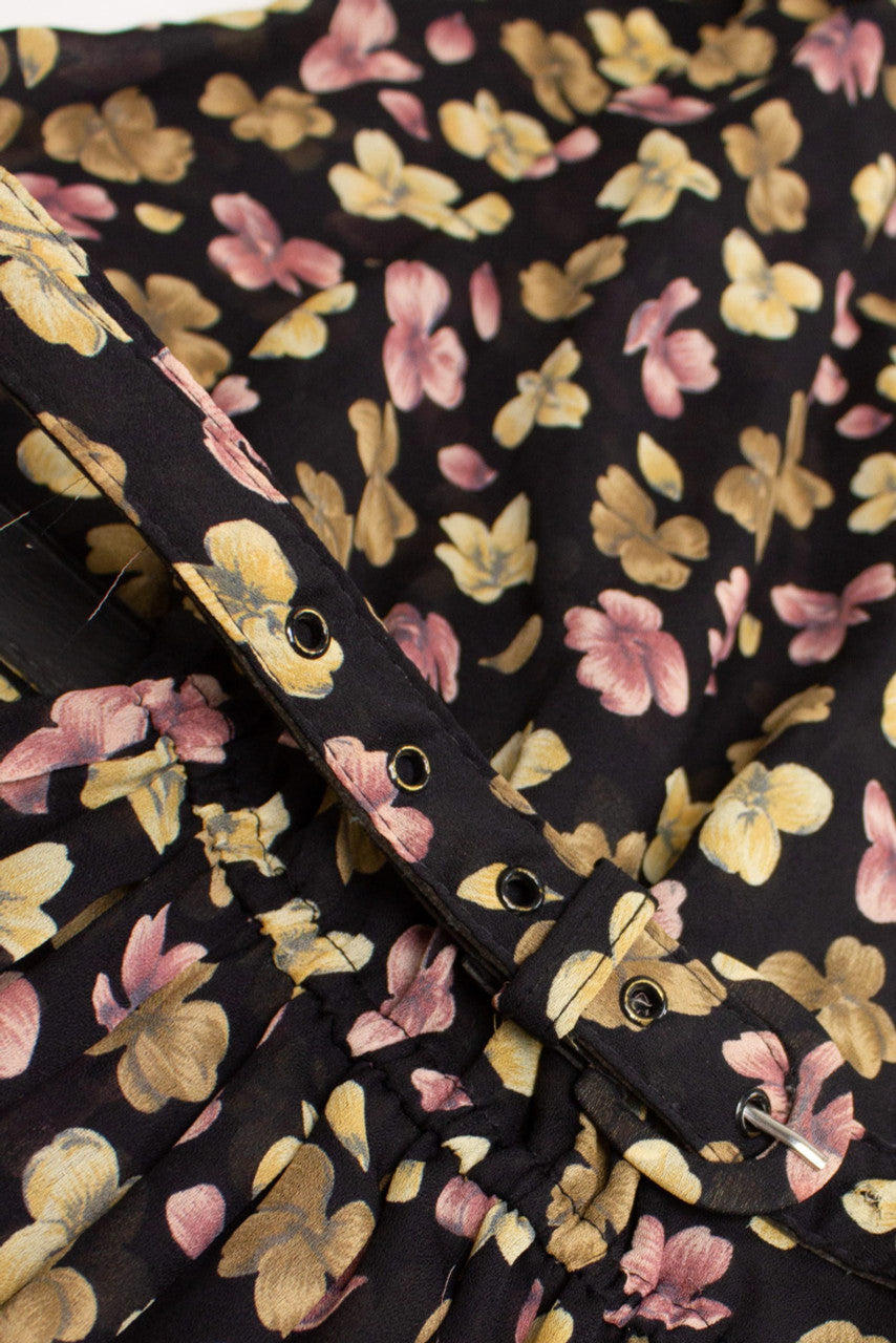 Vintage Black Floral Belted Dress (1980s)