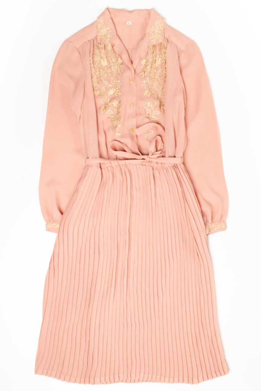 Vintage Embroidered Floral Pleated Dress (1980s)