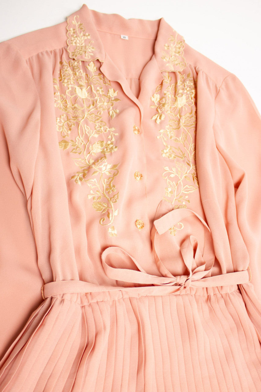 Vintage Embroidered Floral Pleated Dress (1980s)