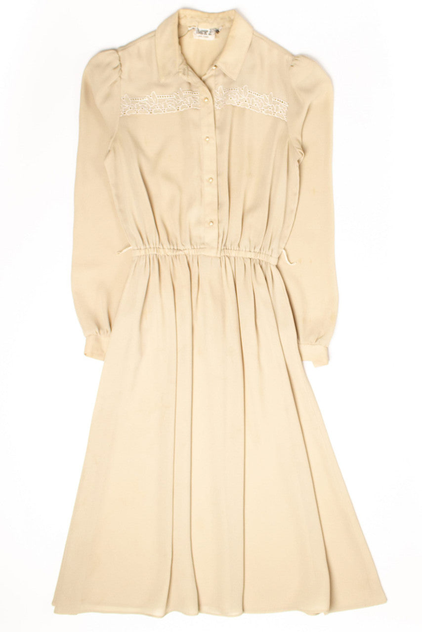 Vintage Beige Floral Embroidered Button Up Dress (1980s)