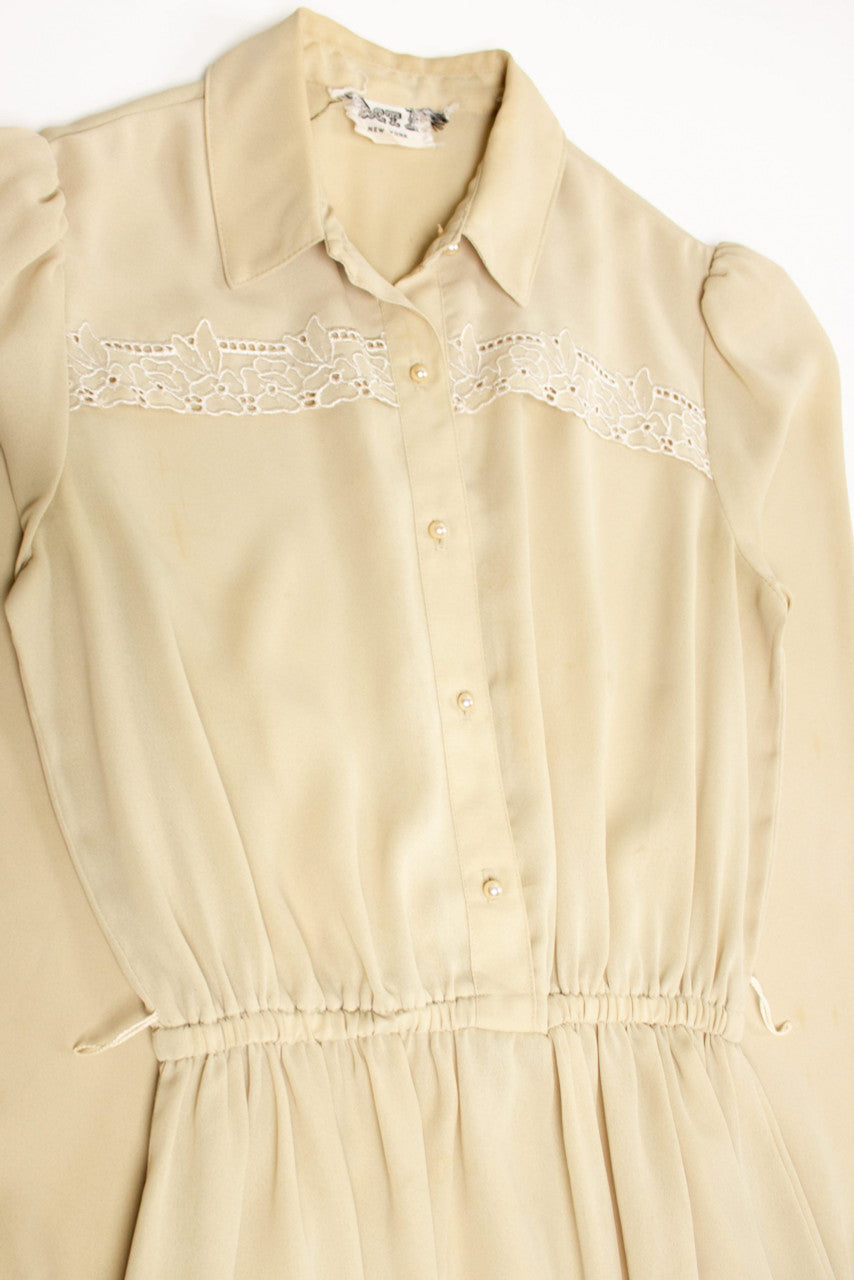 Vintage Beige Floral Embroidered Button Up Dress (1980s)