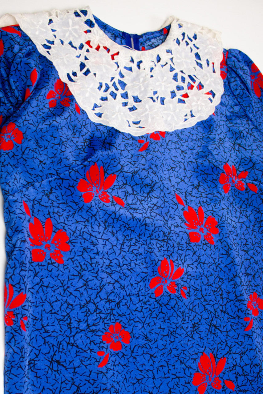 Vintage Blue Floral Lace Collar Dress (1980s)