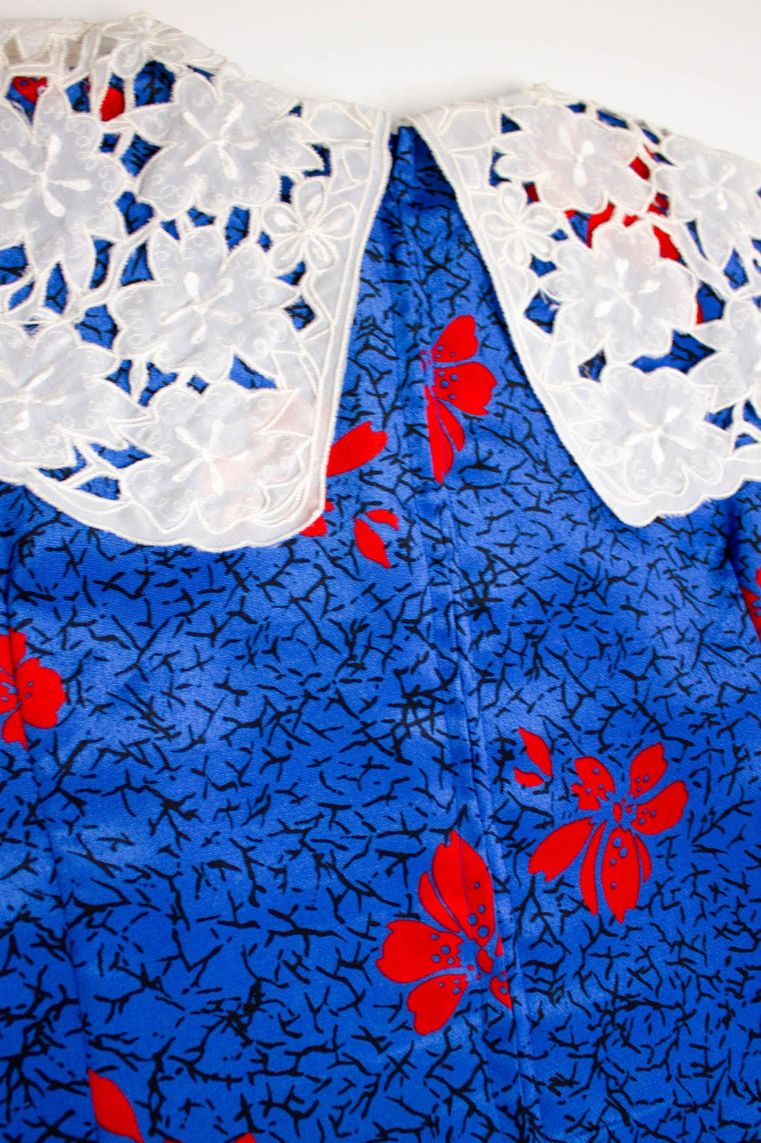 Vintage Blue Floral Lace Collar Dress (1980s)