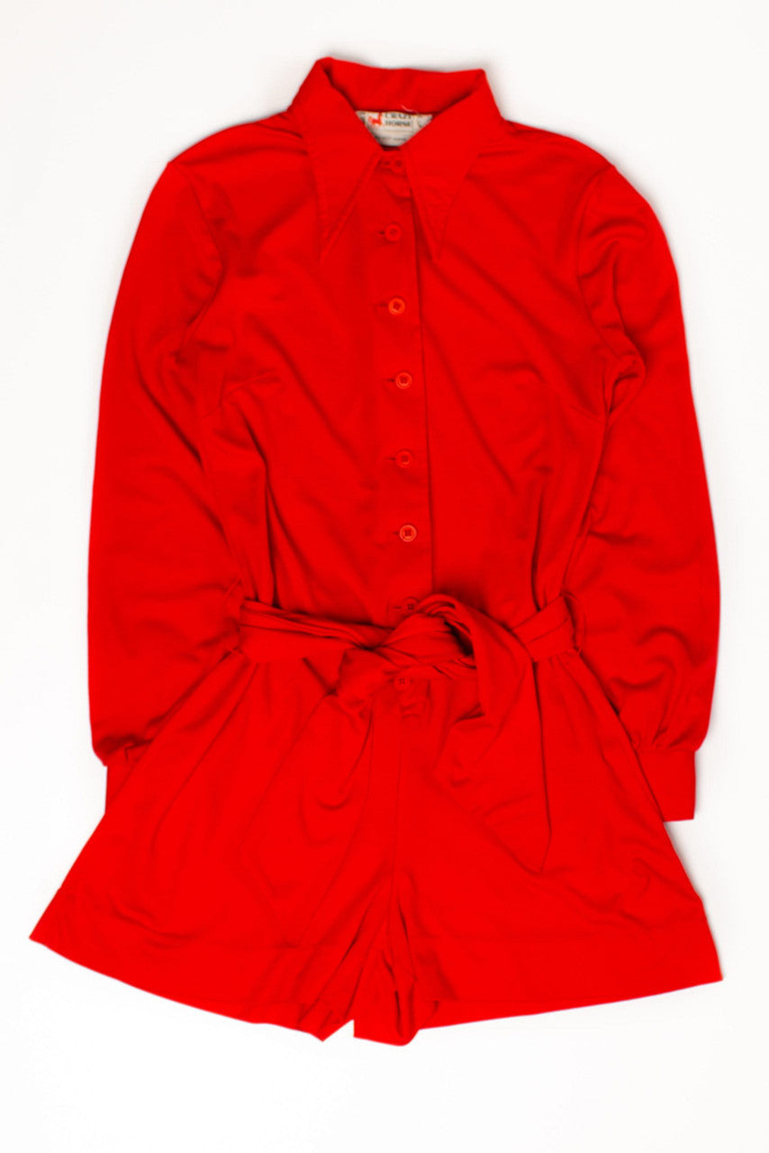 Vintage Long Sleeve Tie Waist Button Up Romper (1970s)