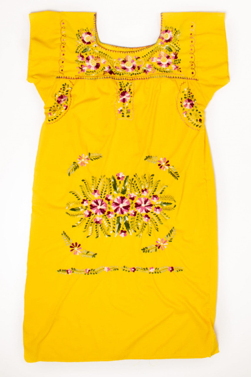 Vintage Yellow Floral Huipil Dress