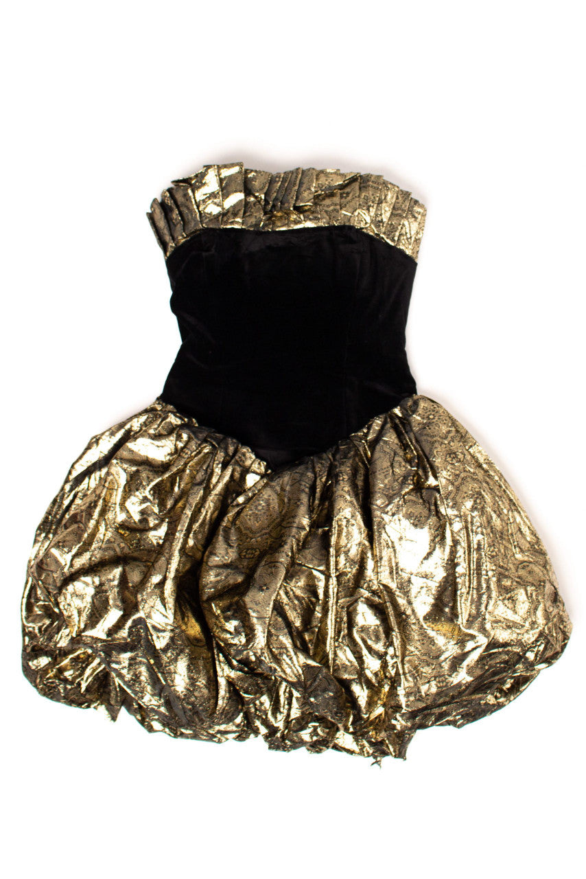 Vintage Gold Metallic Puffy Velvet Mini Dress (1990s)