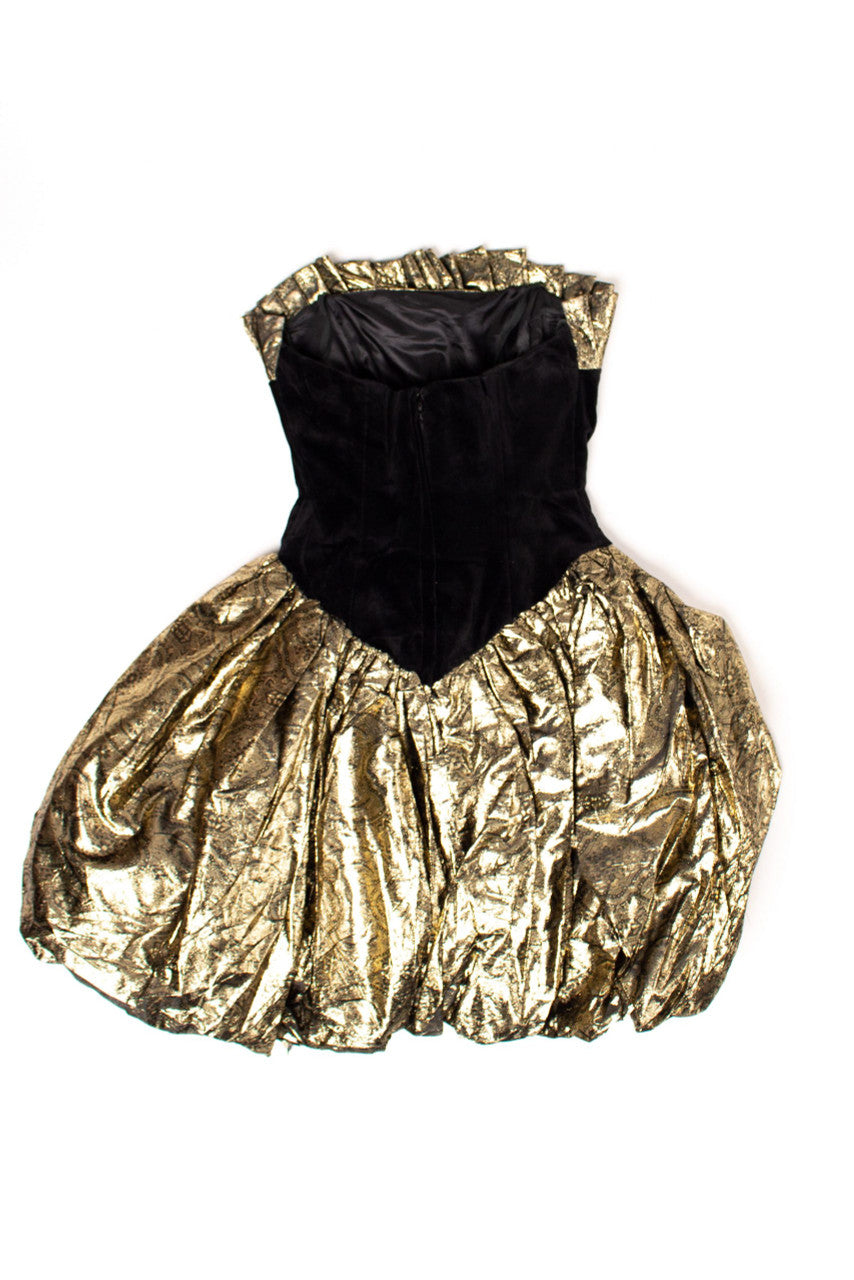 Vintage Gold Metallic Puffy Velvet Mini Dress (1990s)