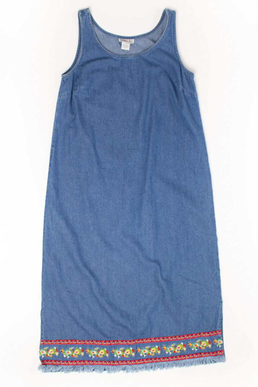 Vintage Floral Embroidered Fringe Denim Dress (1990s)