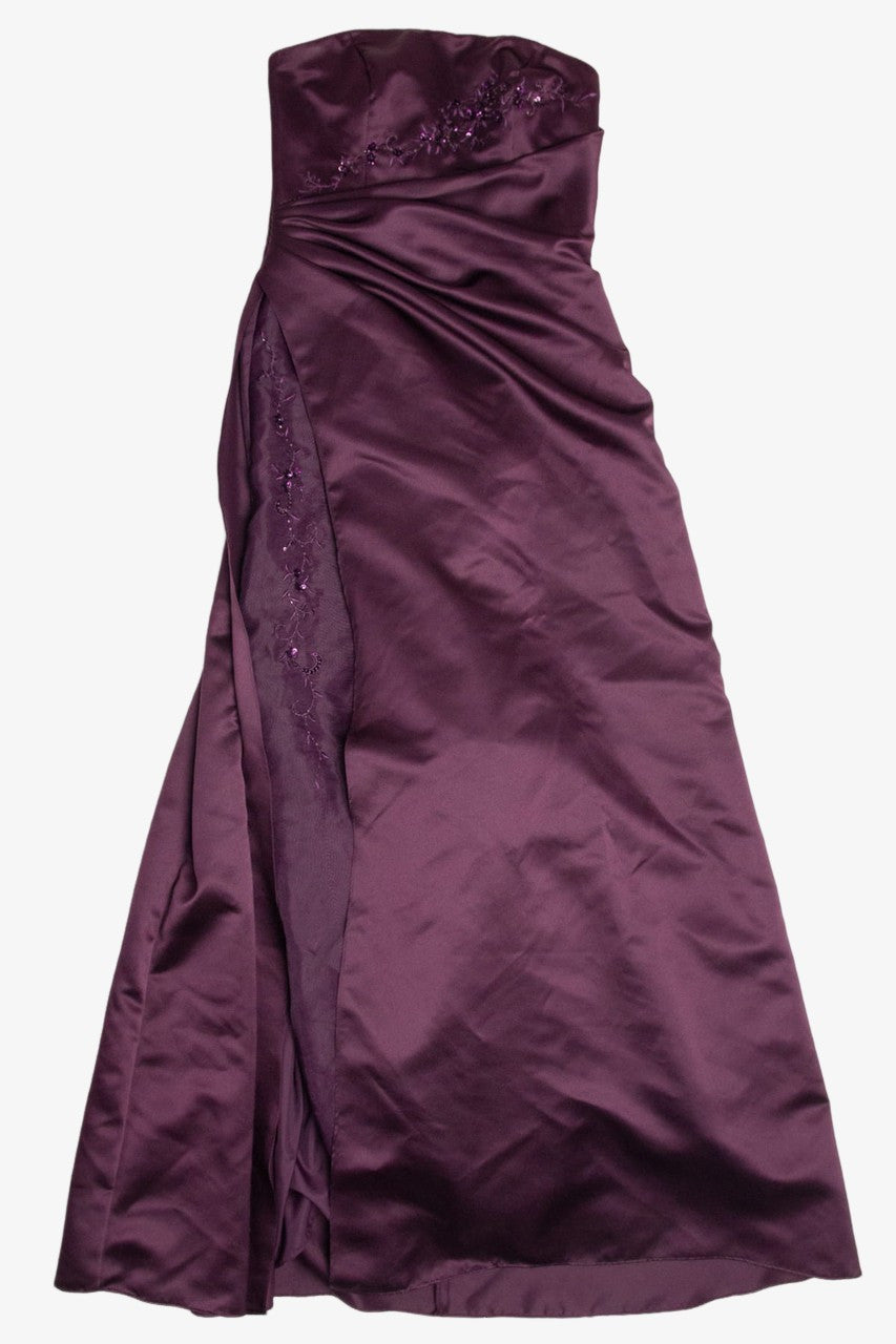Plum Beaded Floral Ruched Side Prom Dress (sz. 4)
