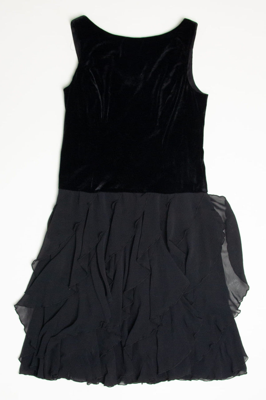 Black Velvet Ruffle Bottom Dress (sz. 14) Ragstock Black Velvet Ruffle Bottom Dress (sz. 14) Ragstock