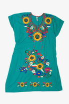 Vintage Teal Mexican Sunflower Embroidered Dress (1990s)