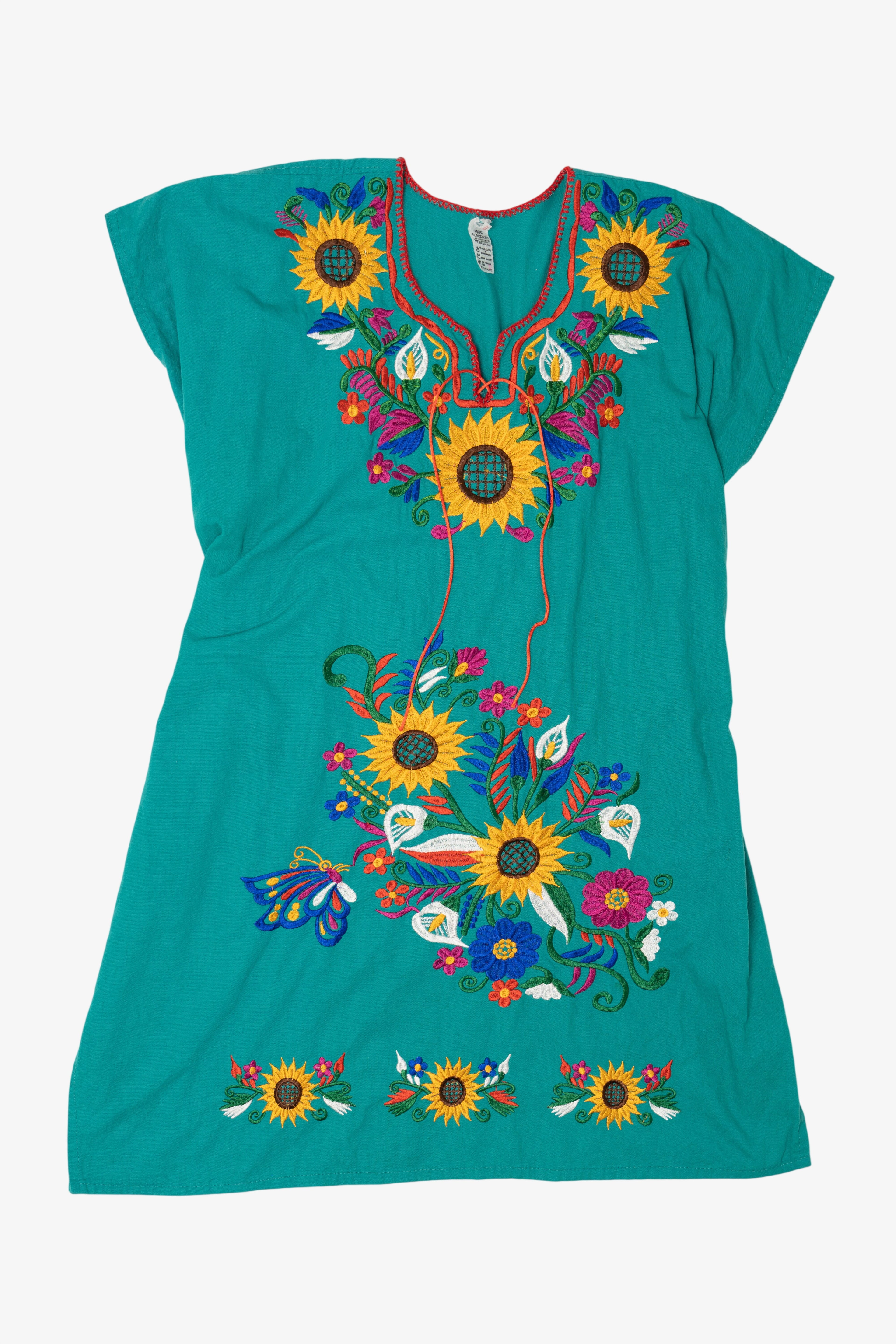 Vintage Teal Mexican Sunflower Embroidered Dress (1990s)