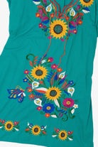 Vintage Teal Mexican Sunflower Embroidered Dress (1990s)