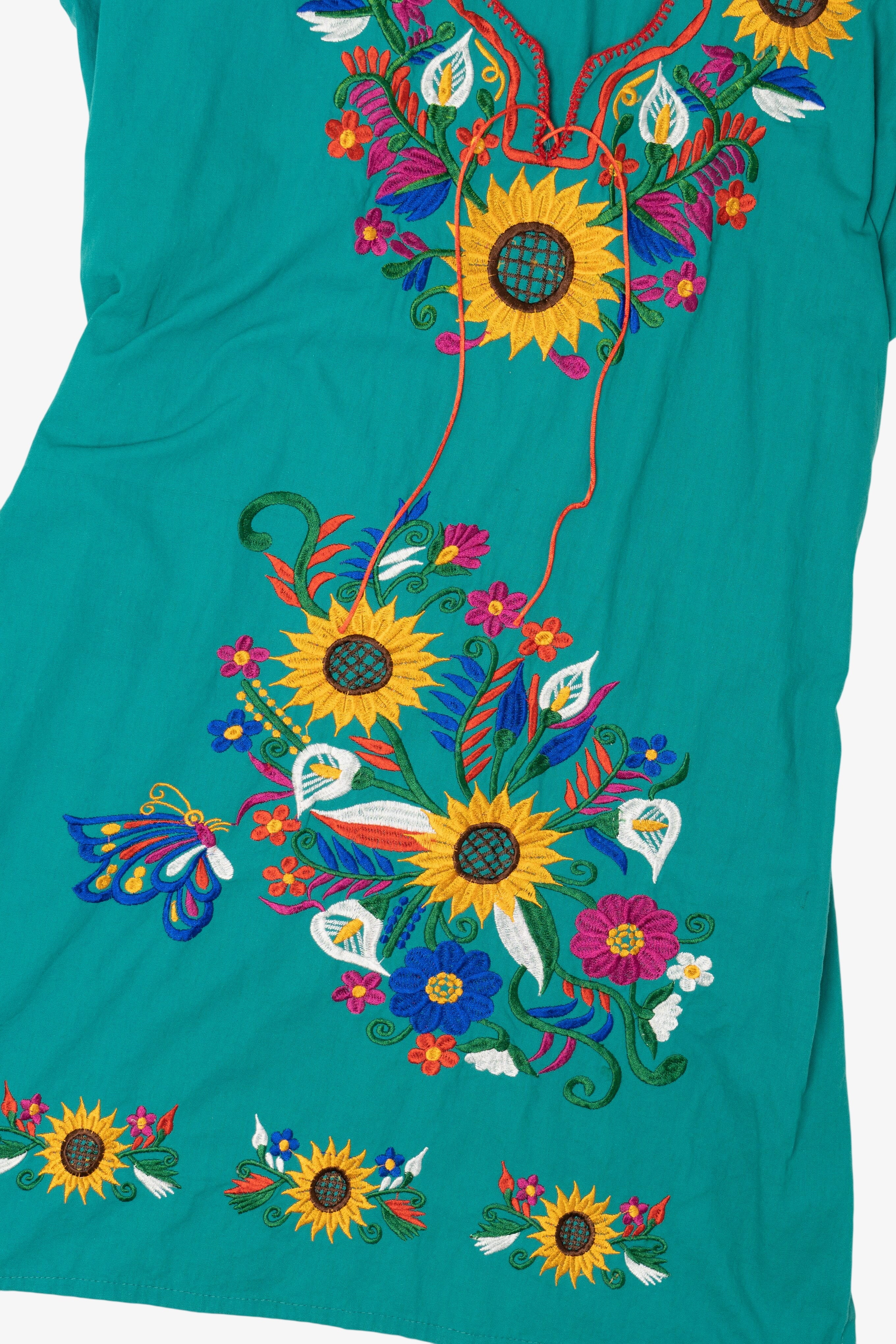 Vintage Teal Mexican Sunflower Embroidered Dress (1990s)