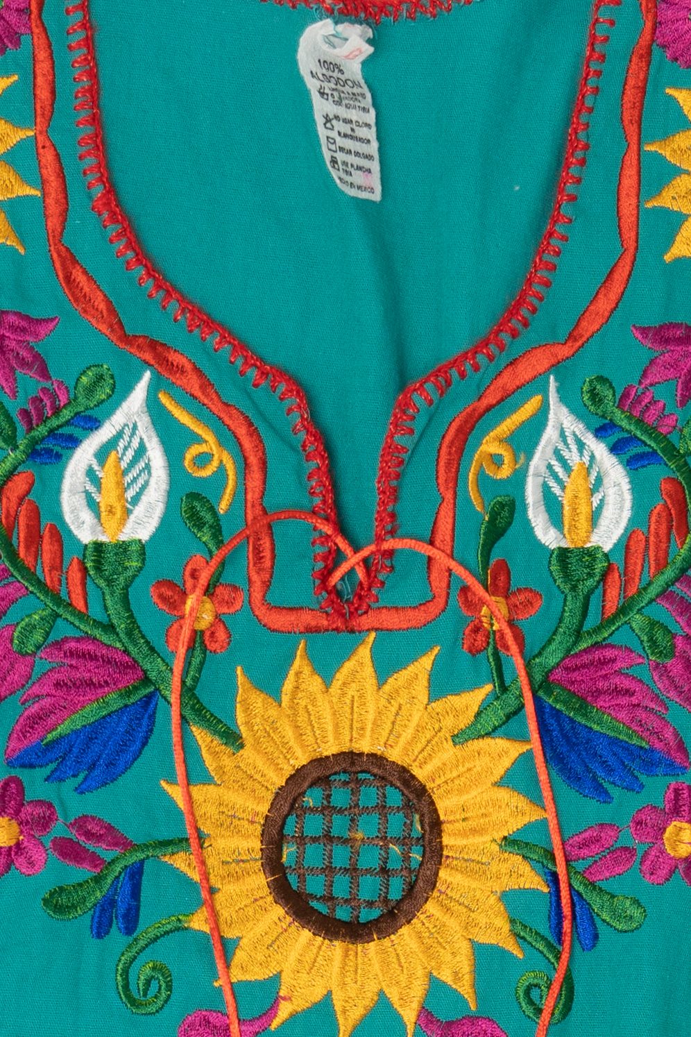 Vintage Teal Mexican Sunflower Embroidered Dress (1990s)