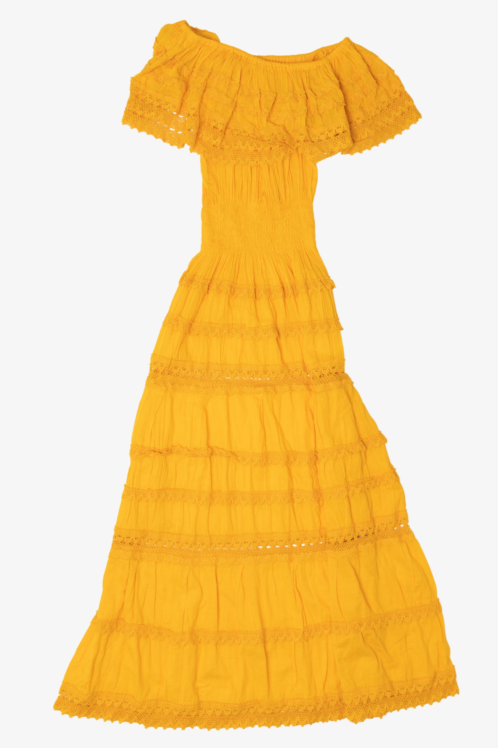 Vintage Yellow Mexican Peasant Lace Tiered Dress (1990s)