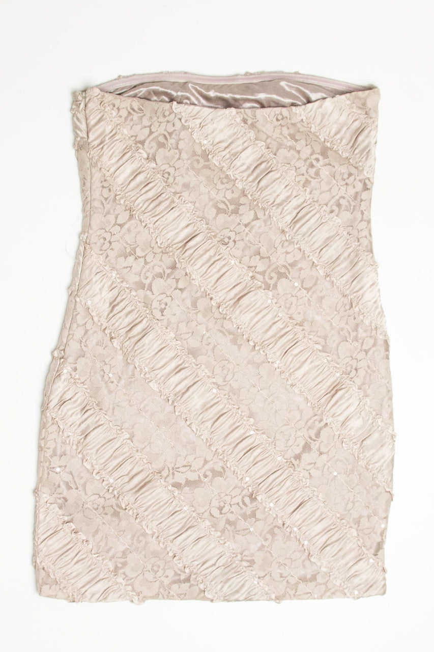 Beige Ruched Lace Party Dress (sz. L)