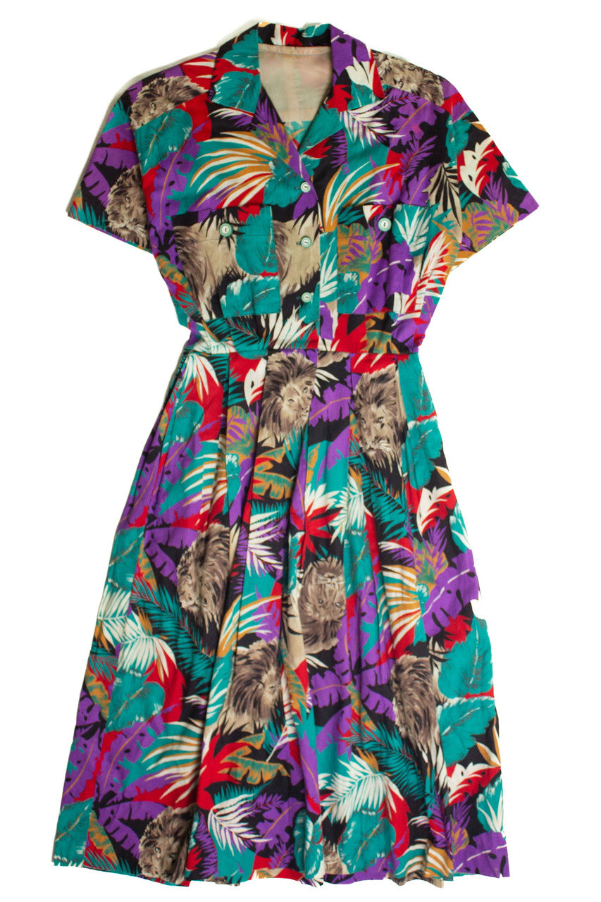 Vintage Tropical Lions Shirt Dress (sz. Medium)