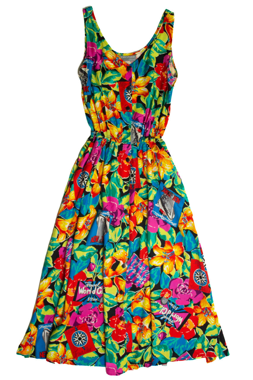 Vintage Travel World Floral Dress (sz. Medium)