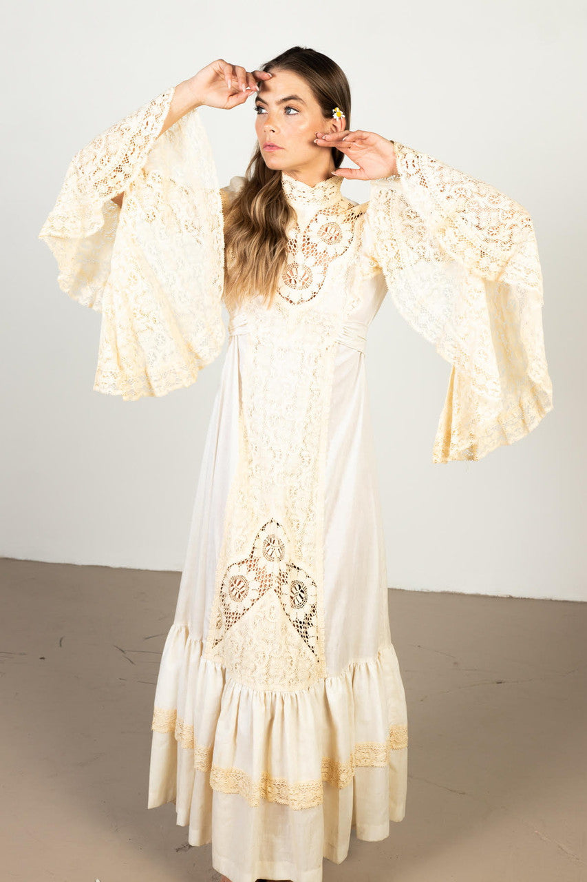 Vintage Lace Bell Sleeve Prairie Dress (1970s)