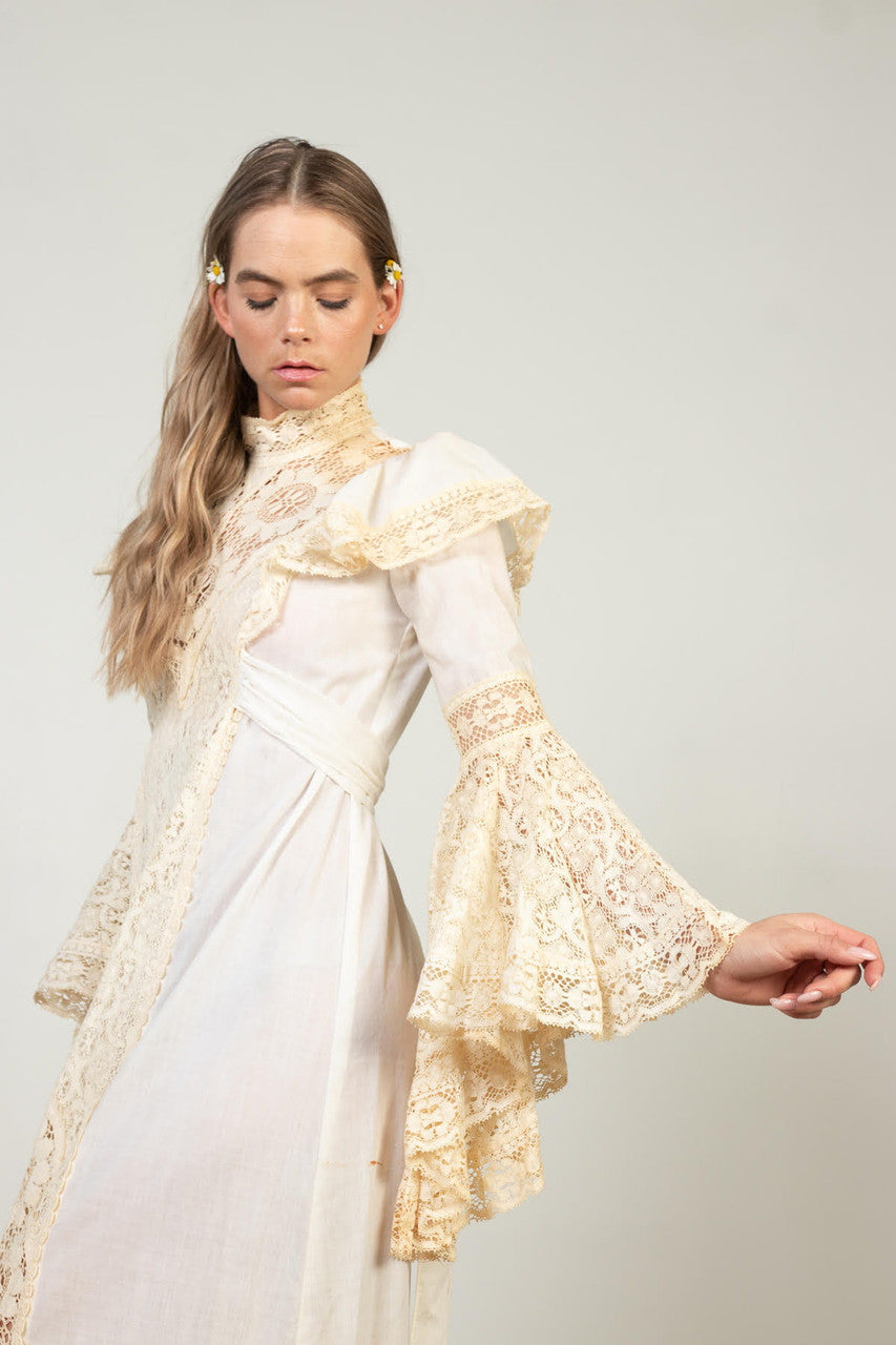 Vintage Lace Bell Sleeve Prairie Dress (1970s)