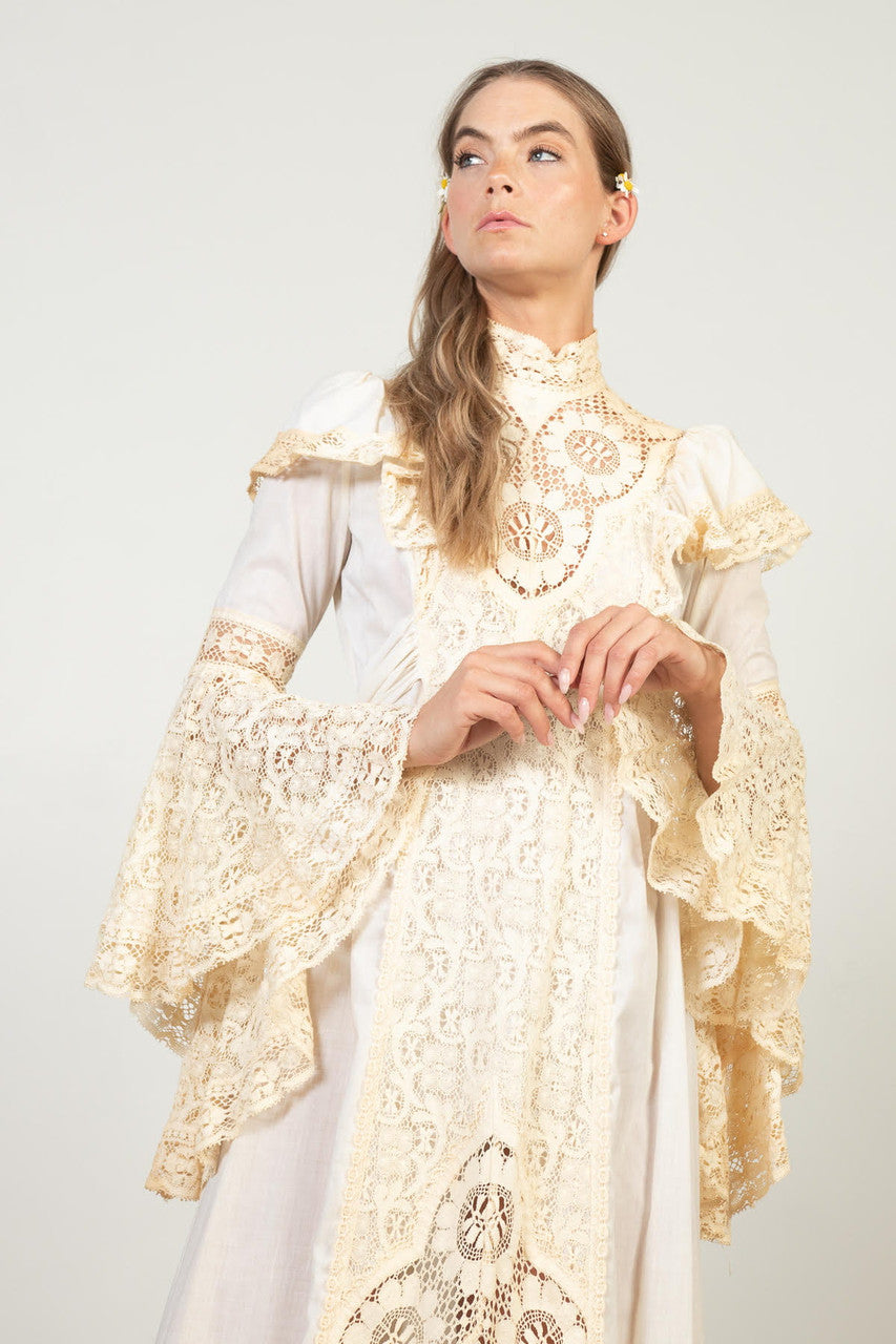Vintage Lace Bell Sleeve Prairie Dress (1970s)