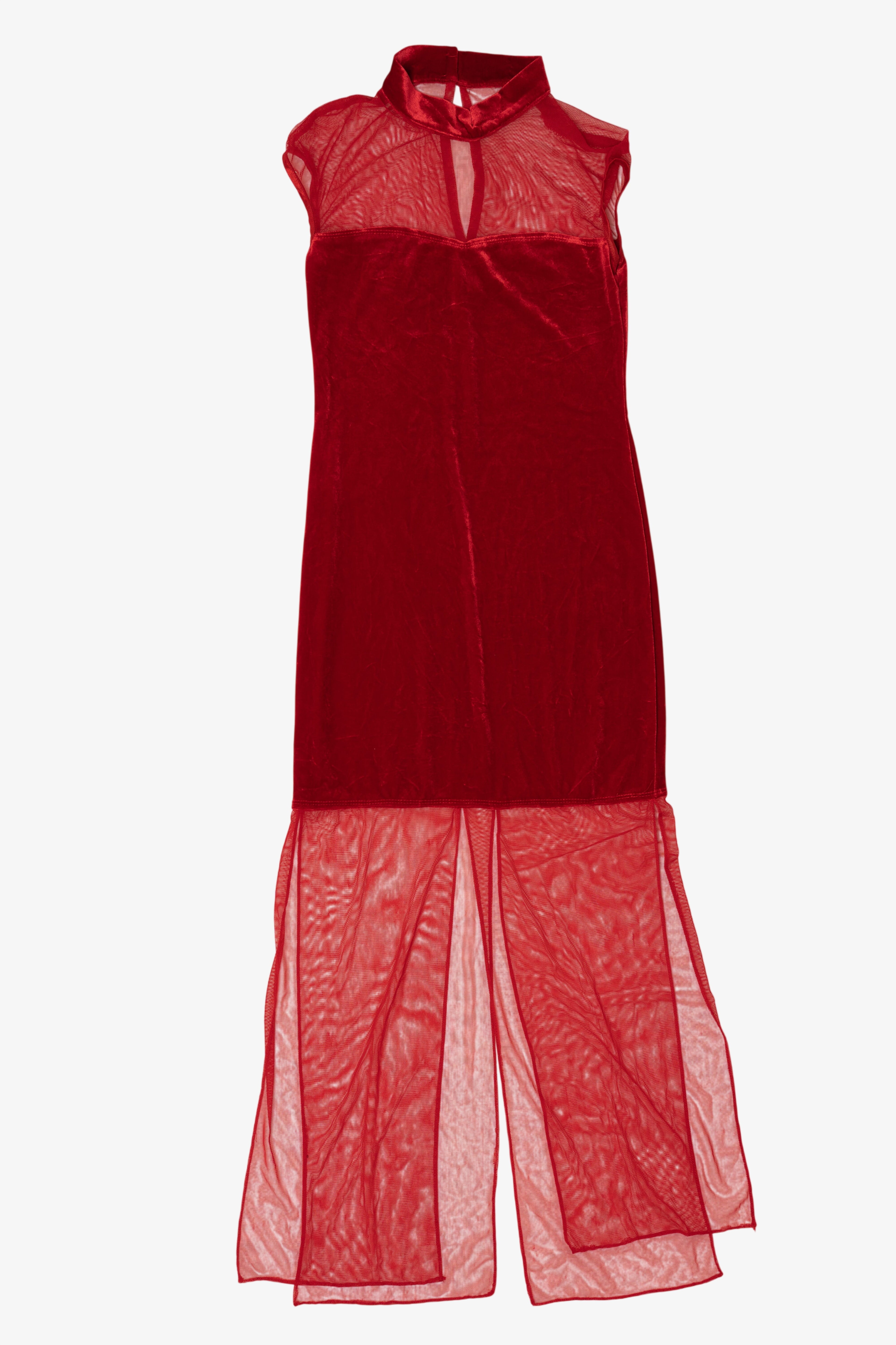 Vintage Red Kitty Velvet High Neck Drop Waist Maxi Dress (1990s)